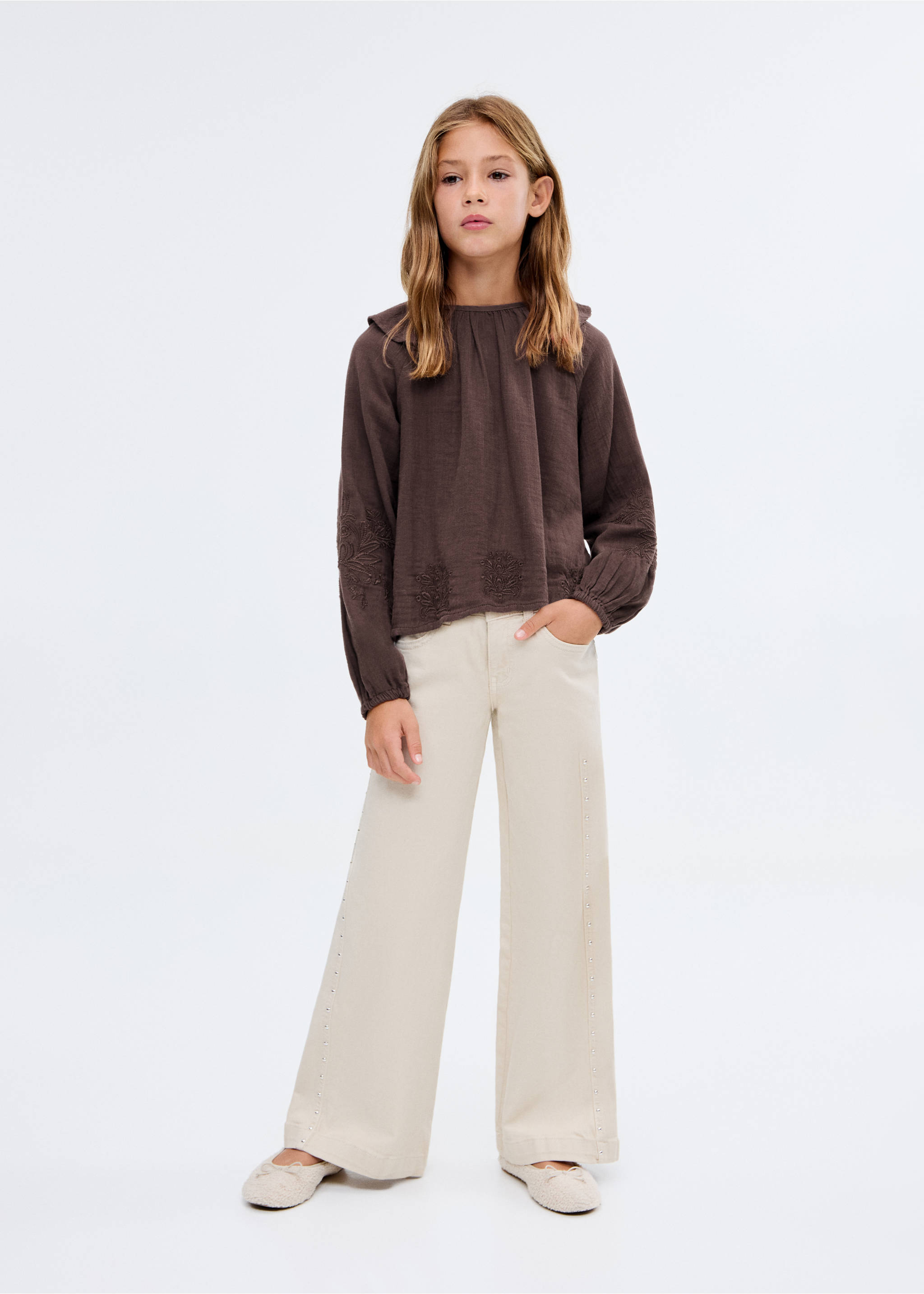Ruffled embroidered blouse - General plane, Brown. Ref: 17016340-00.