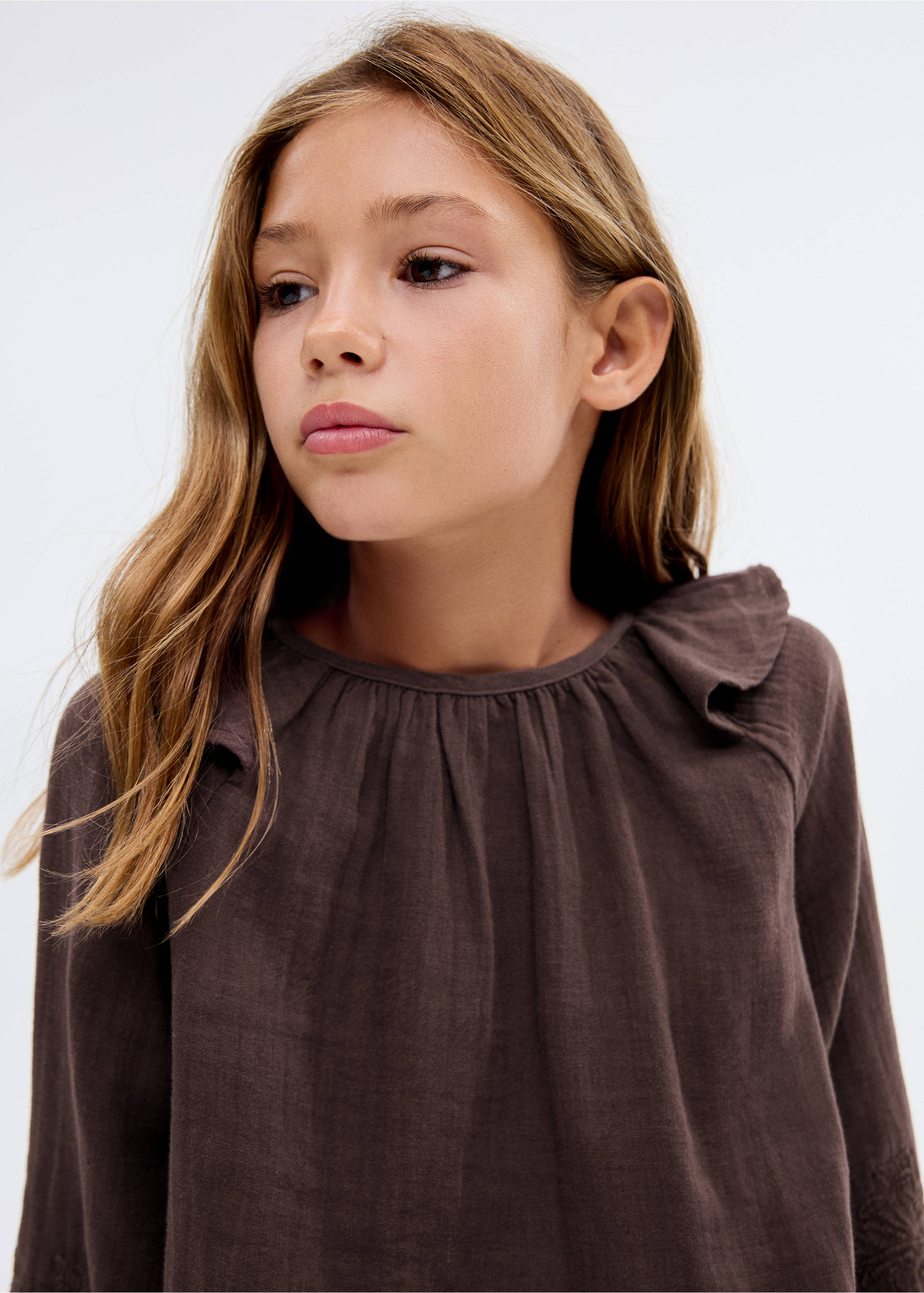 Ruffled embroidered blouse - Details of the article 1, Brown. Ref: 17016340-00.