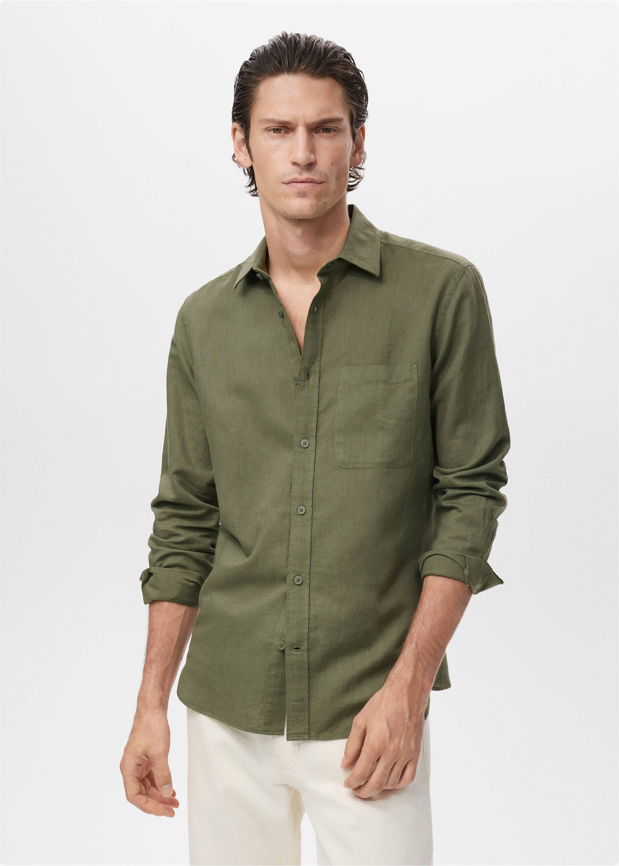 Pocket linen shirt - Medium plane, Dark Green. Ref: 17016743-00.