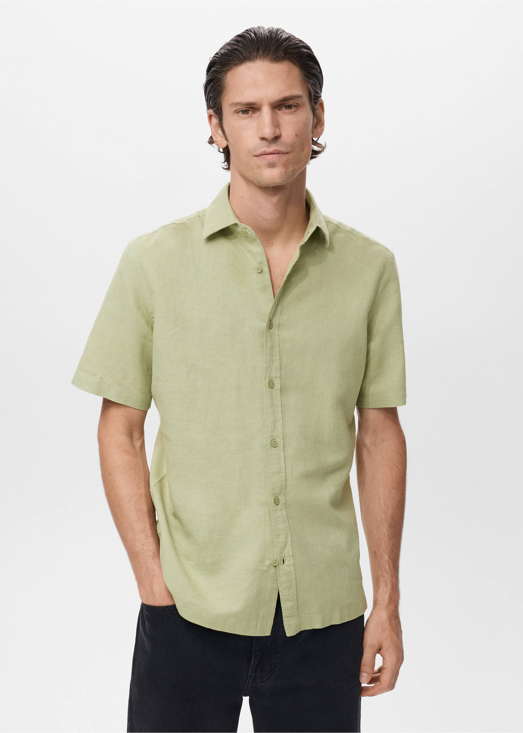 Short sleeve linen-blend shirt - Medium plane, Green Apple. Ref: 17016744-00.