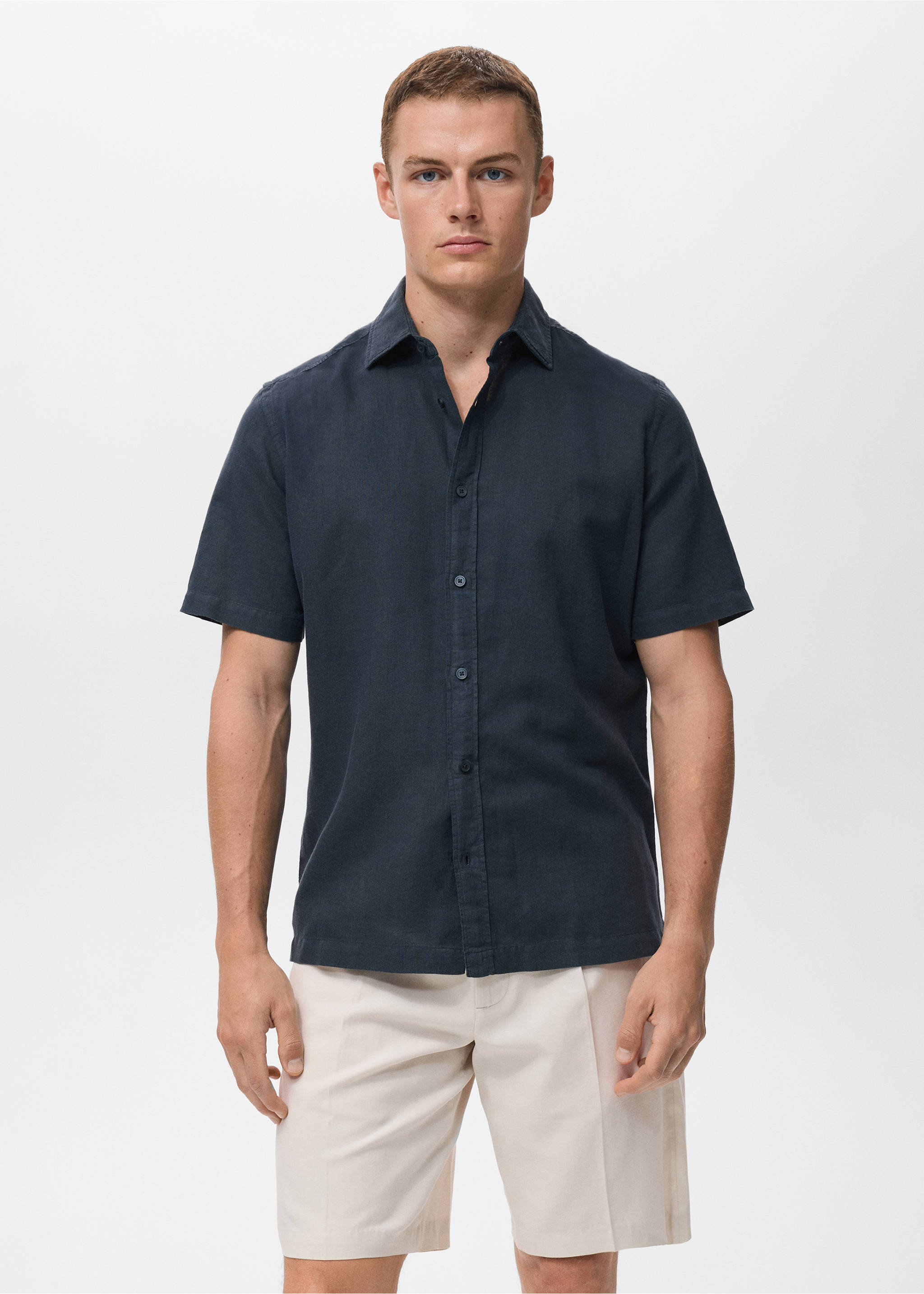 Short sleeve linen-blend shirt - Medium plane, Navy. Ref: 17016744-00.