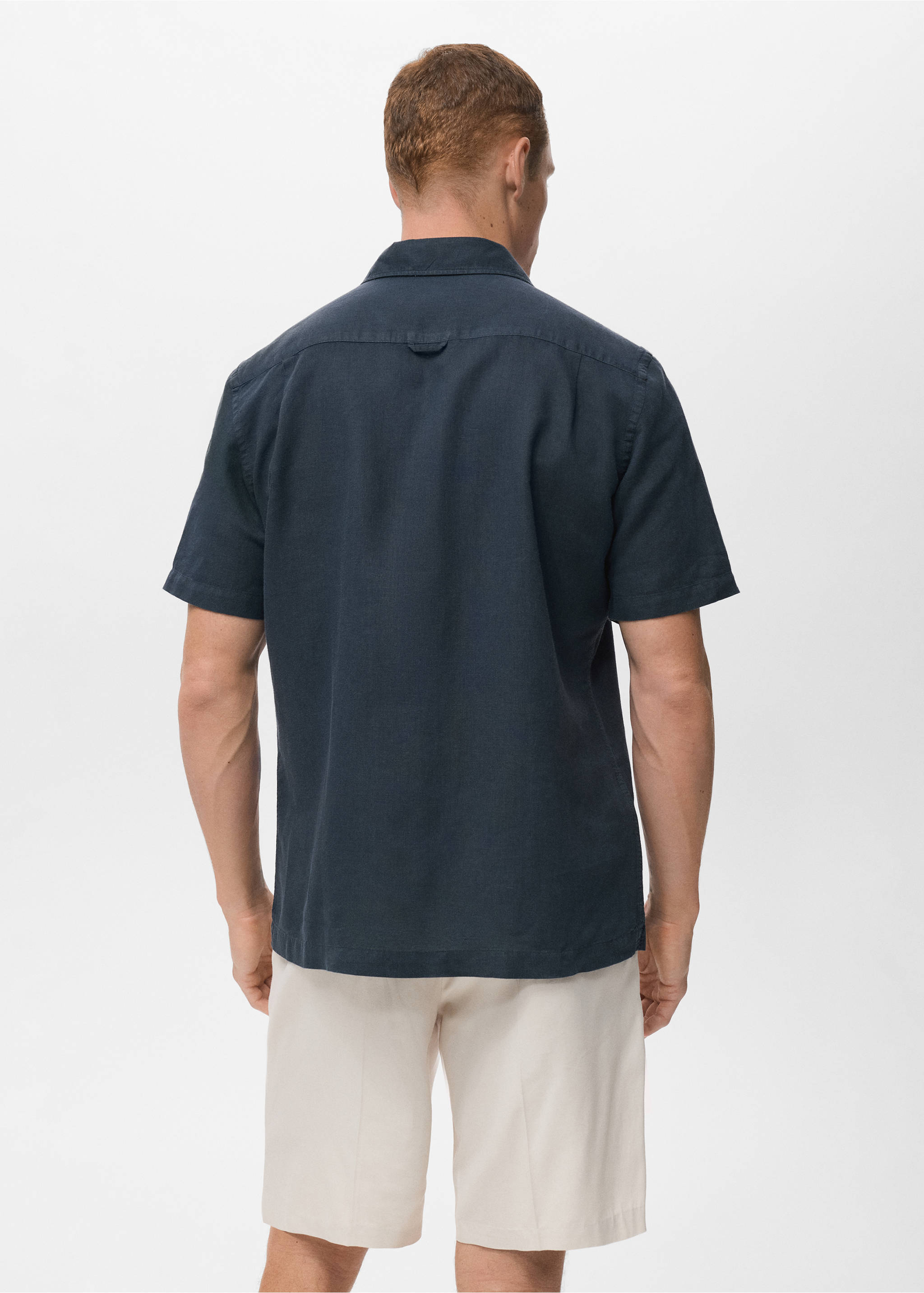 Short sleeve linen-blend shirt - Reverse of the article, Navy. Ref: 17016744-00.