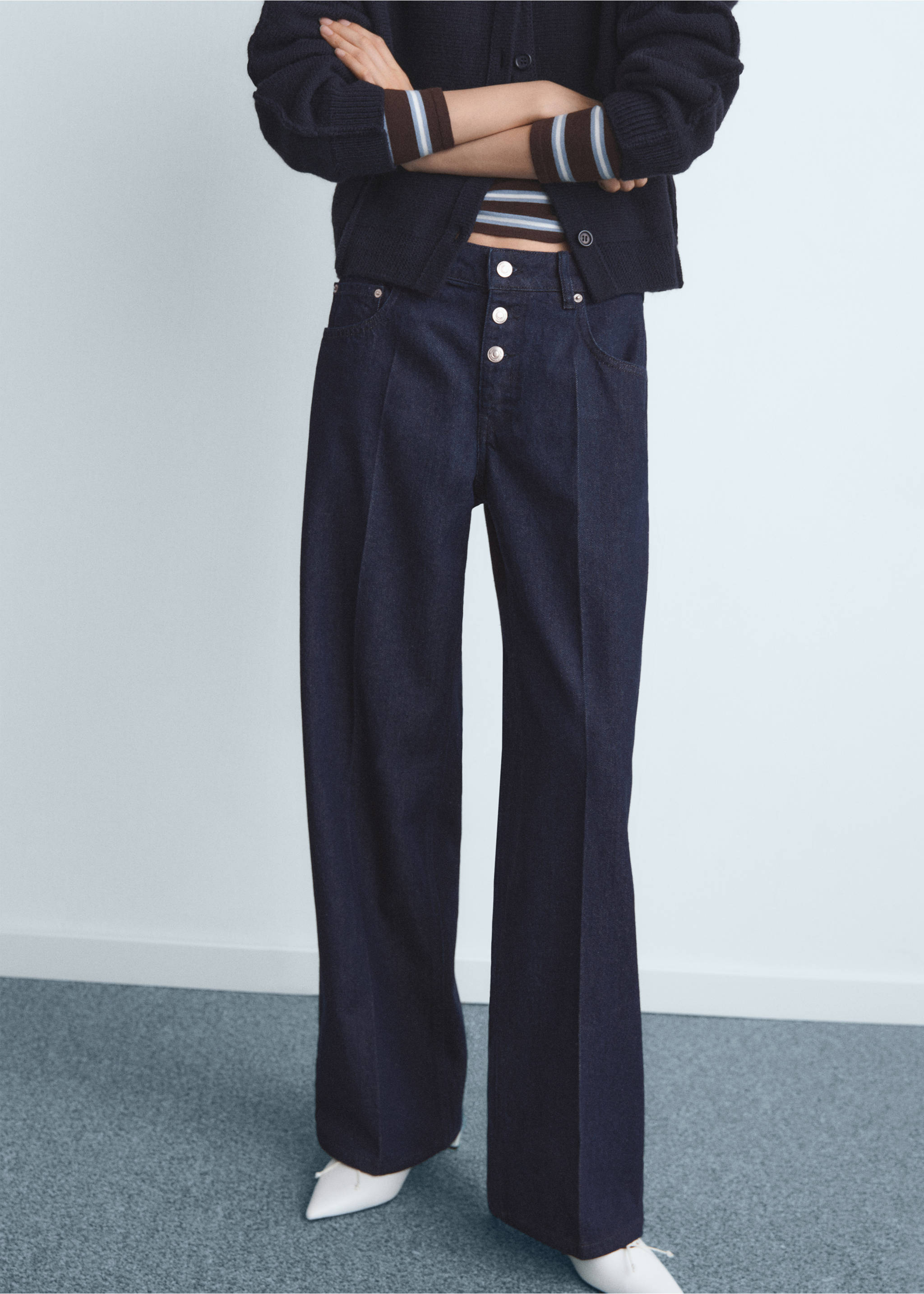 Jeans rectos tiro bajo botones - Plano medio, Azul. Ref: 17016745-00.