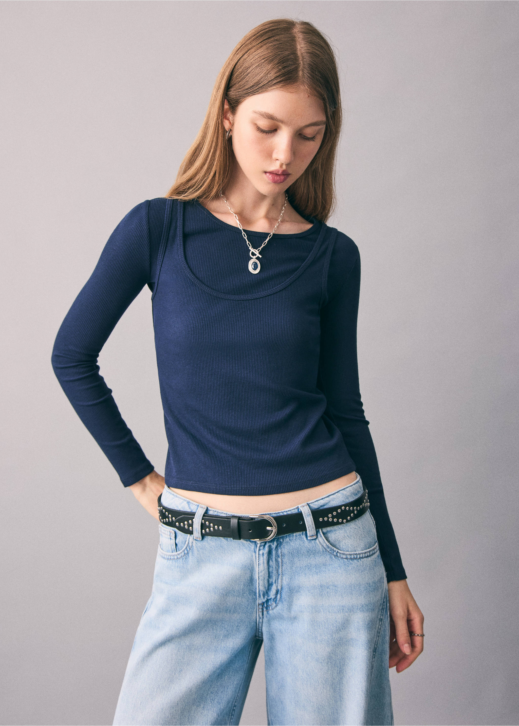 Double-layered T-shirt - Medium plane, Navy. Ref: 17017778-00.