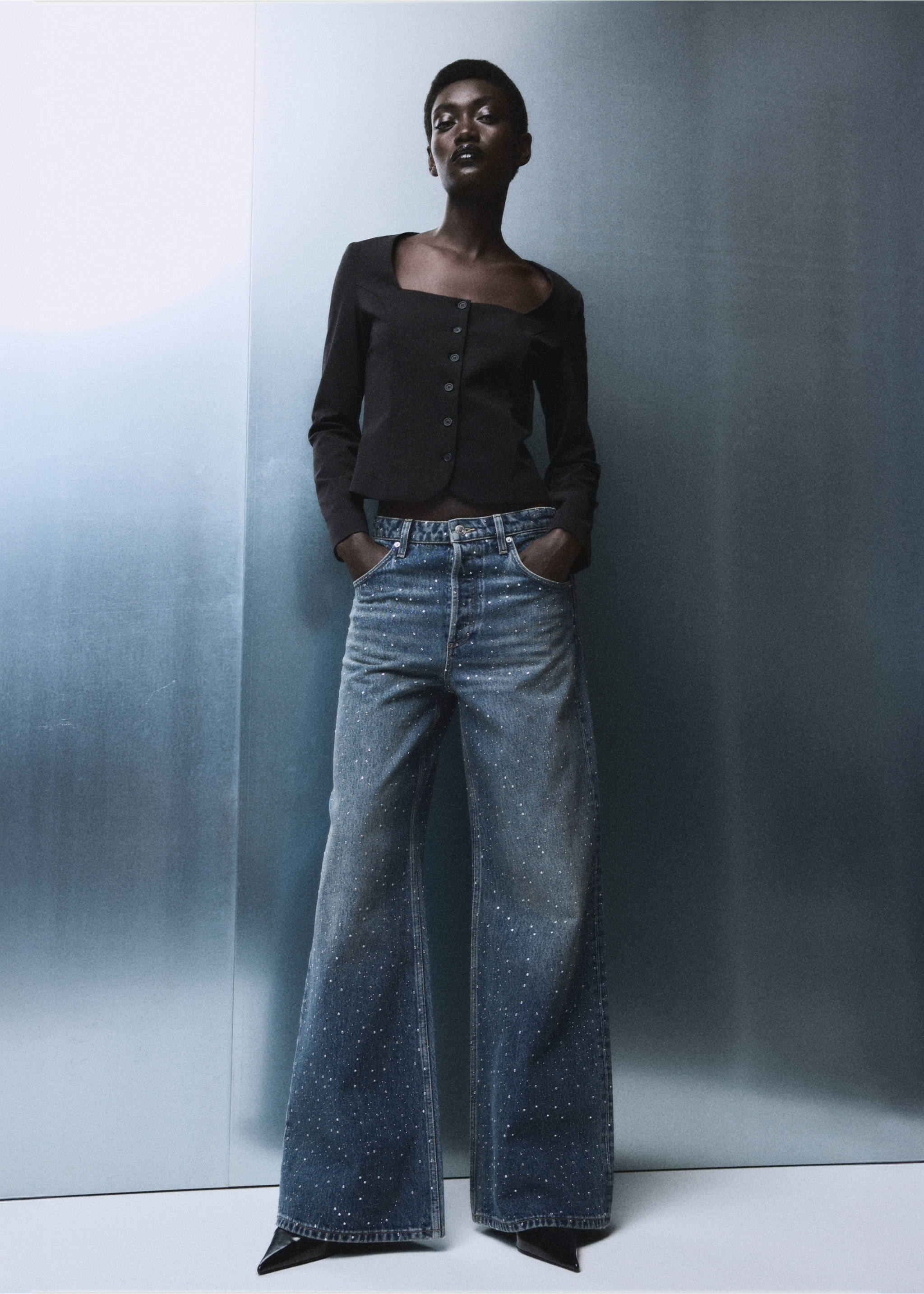 Wide leg jeans with rhinestones - General plane, Medium Blue. Ref: 17017822-00.