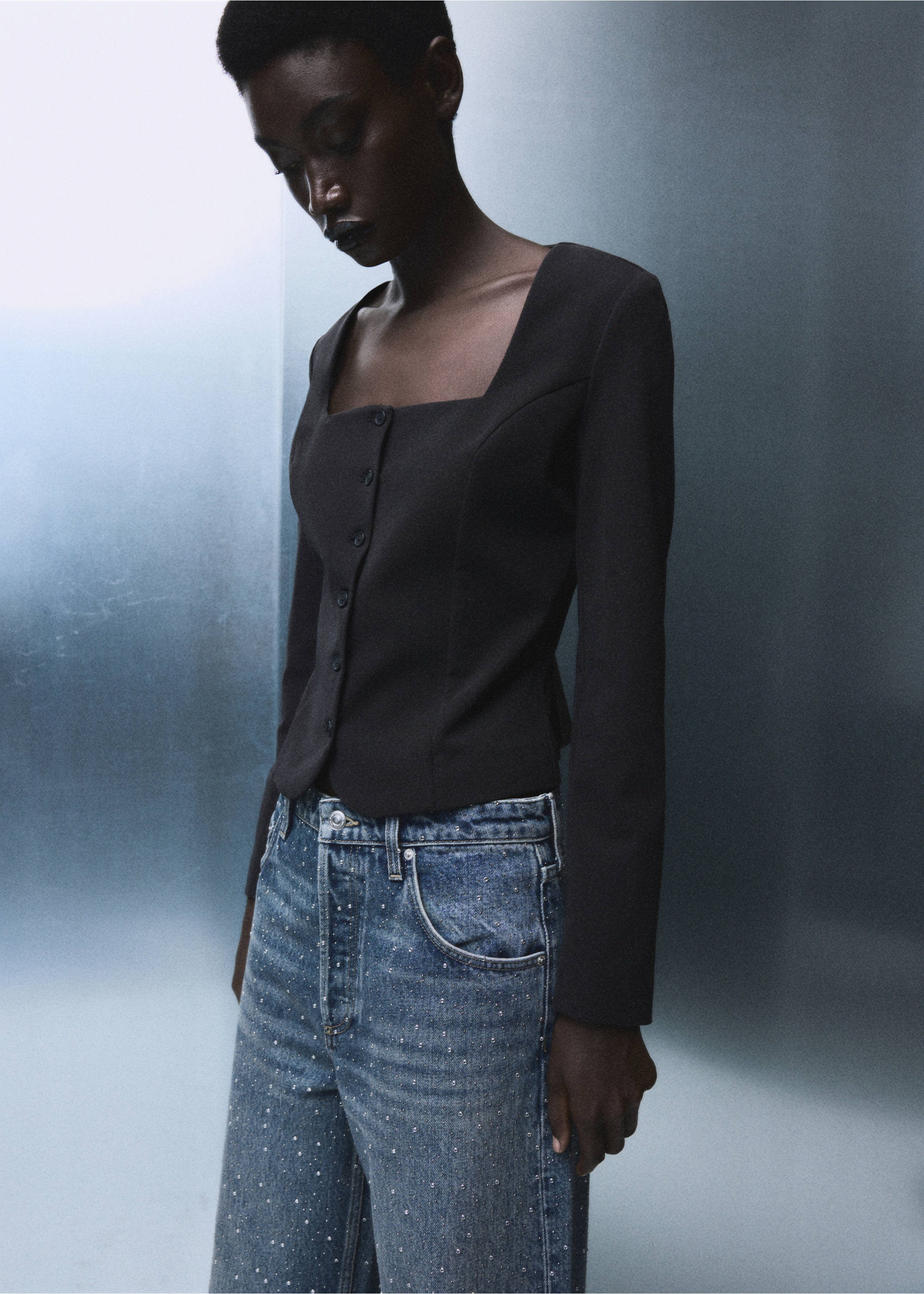 Wide leg jeans with rhinestones - Details of the article 1, Medium Blue. Ref: 17017822-00.