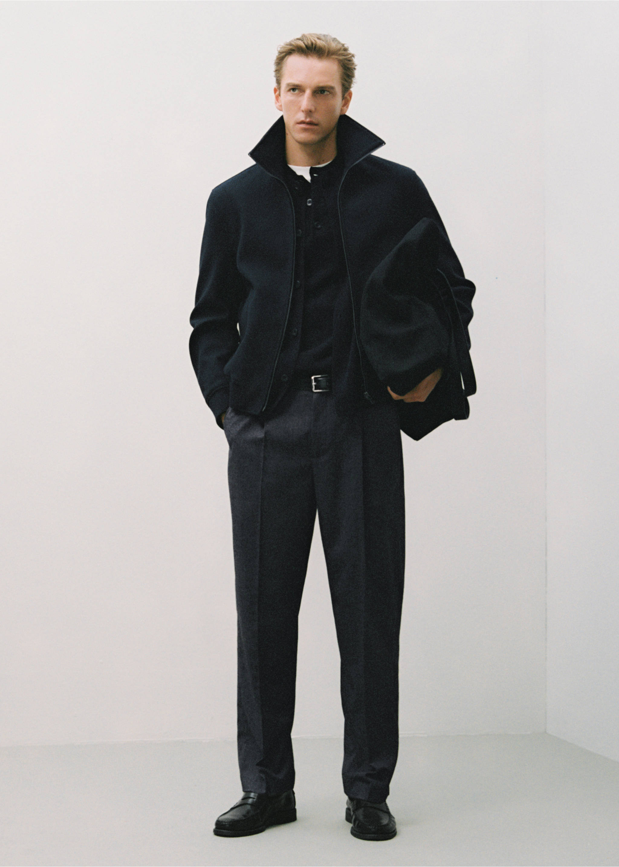 Regular-fit pleated flannel trousers - Details of the article 5, Navy. Ref: 17017888-00.