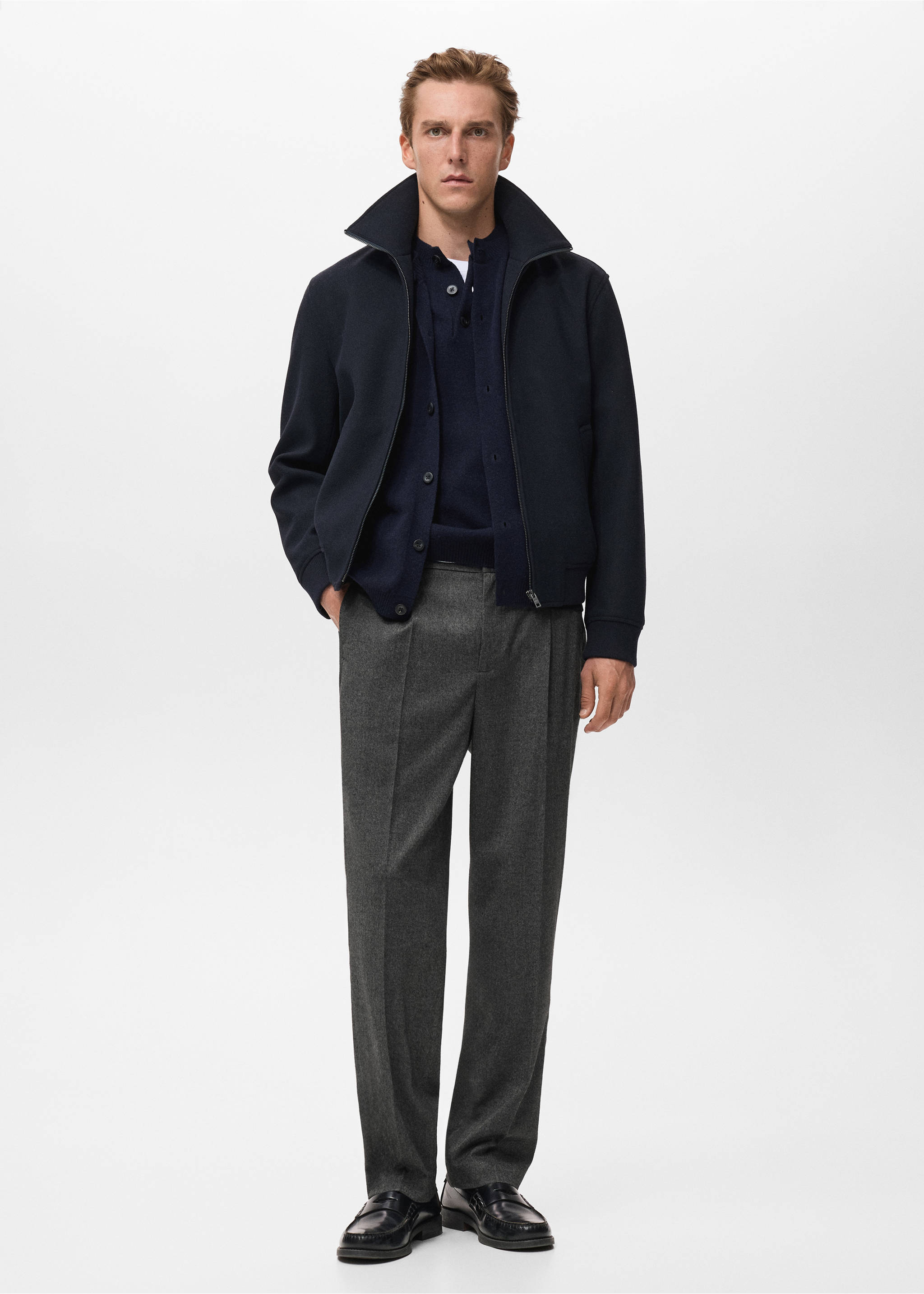 Regular-fit pleated flannel trousers - General plane, Dark Heather Grey. Ref: 17017888-00.