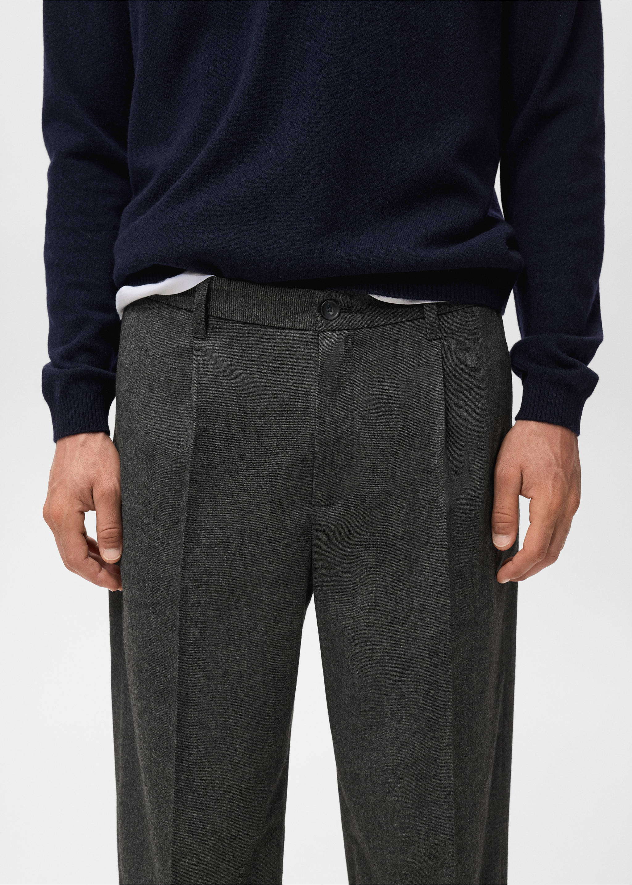 Regular-fit pleated flannel trousers - Details of the article 1, Dark Heather Grey. Ref: 17017888-00.