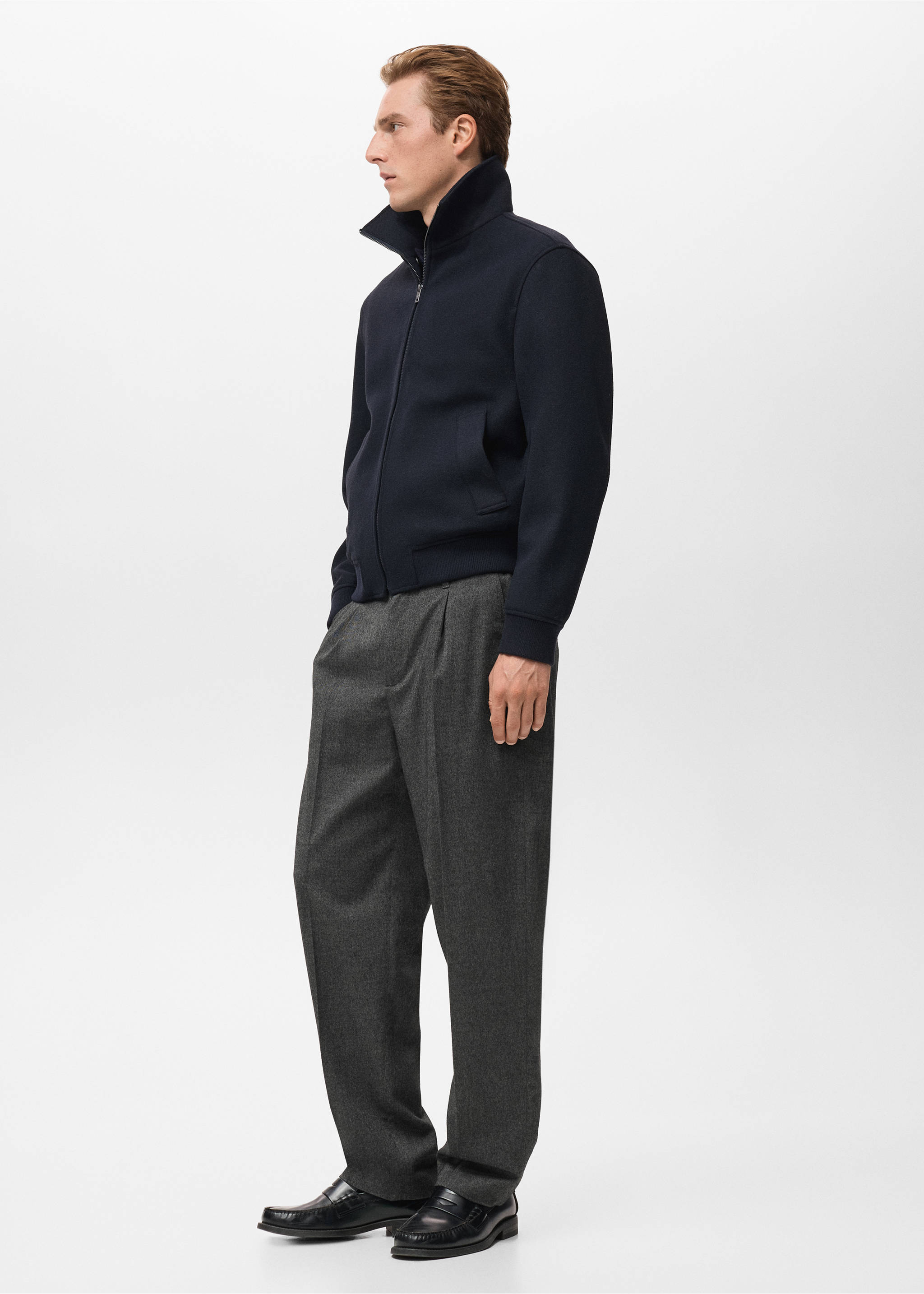 Regular-fit pleated flannel trousers - Details of the article 2, Dark Heather Grey. Ref: 17017888-00.