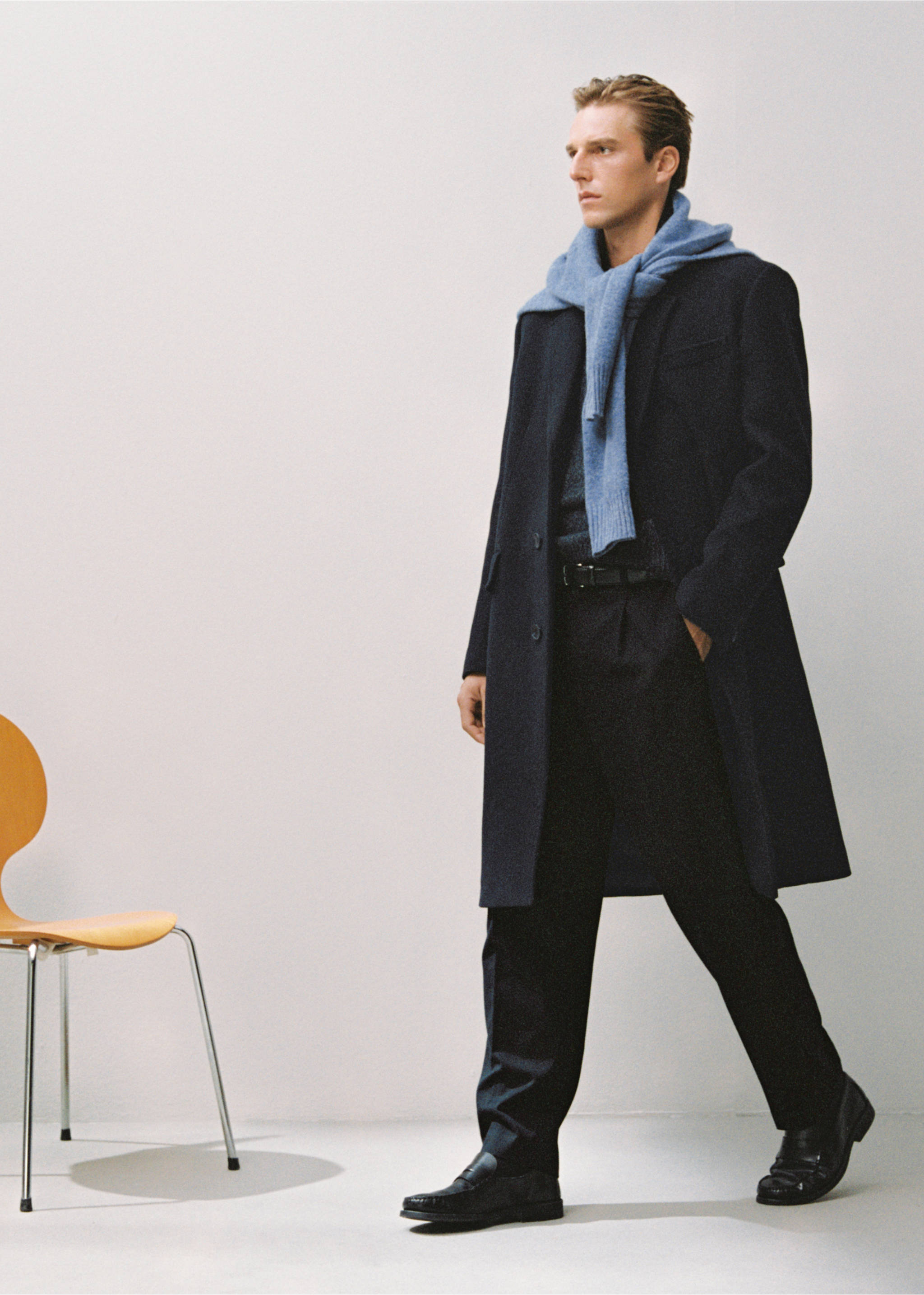 Long wool coat - Details of the article 3, Navy. Ref: 17017890-00.