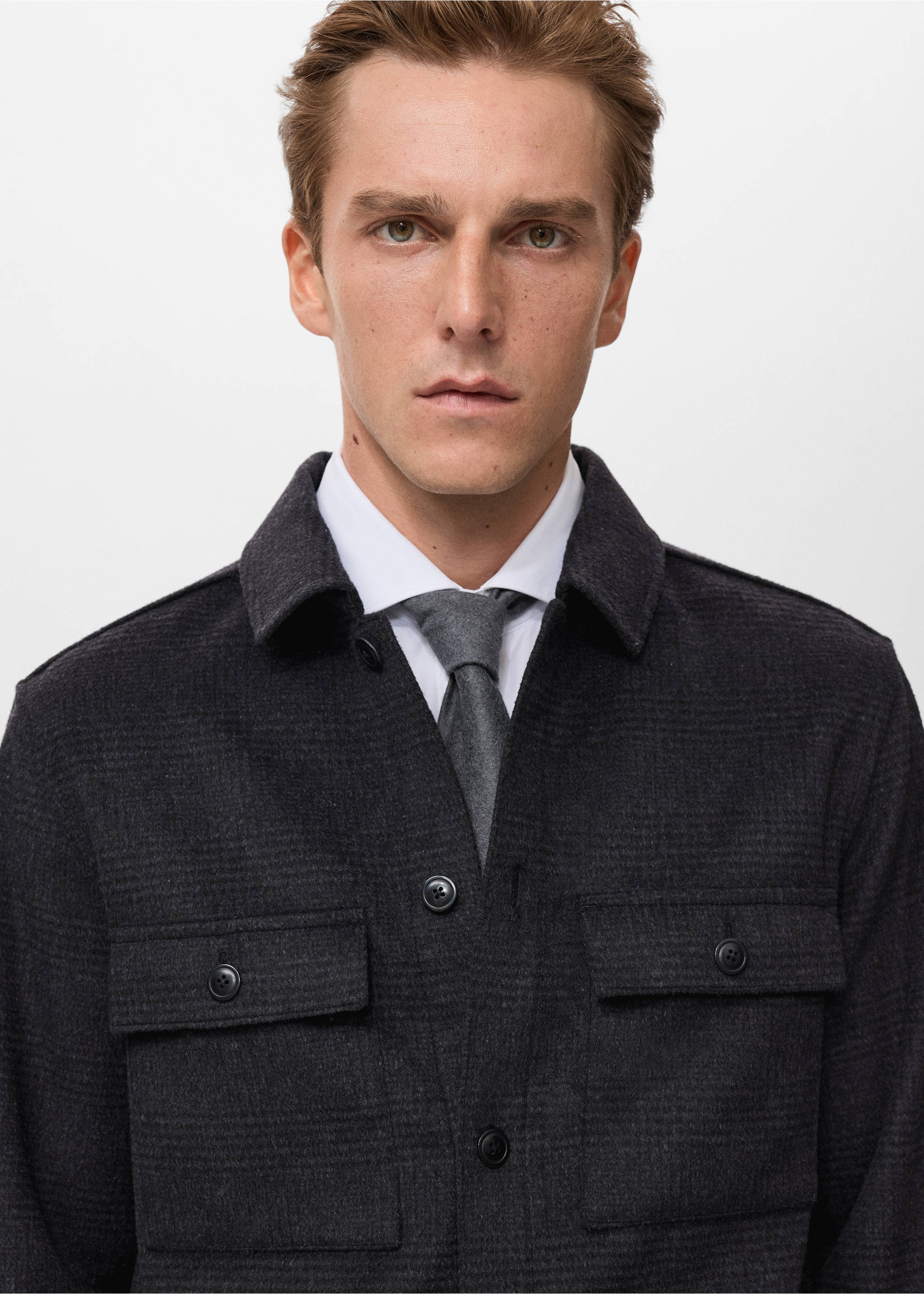 Wool-blend check jacket - Details of the article 1, Black. Ref: 17017891-00.