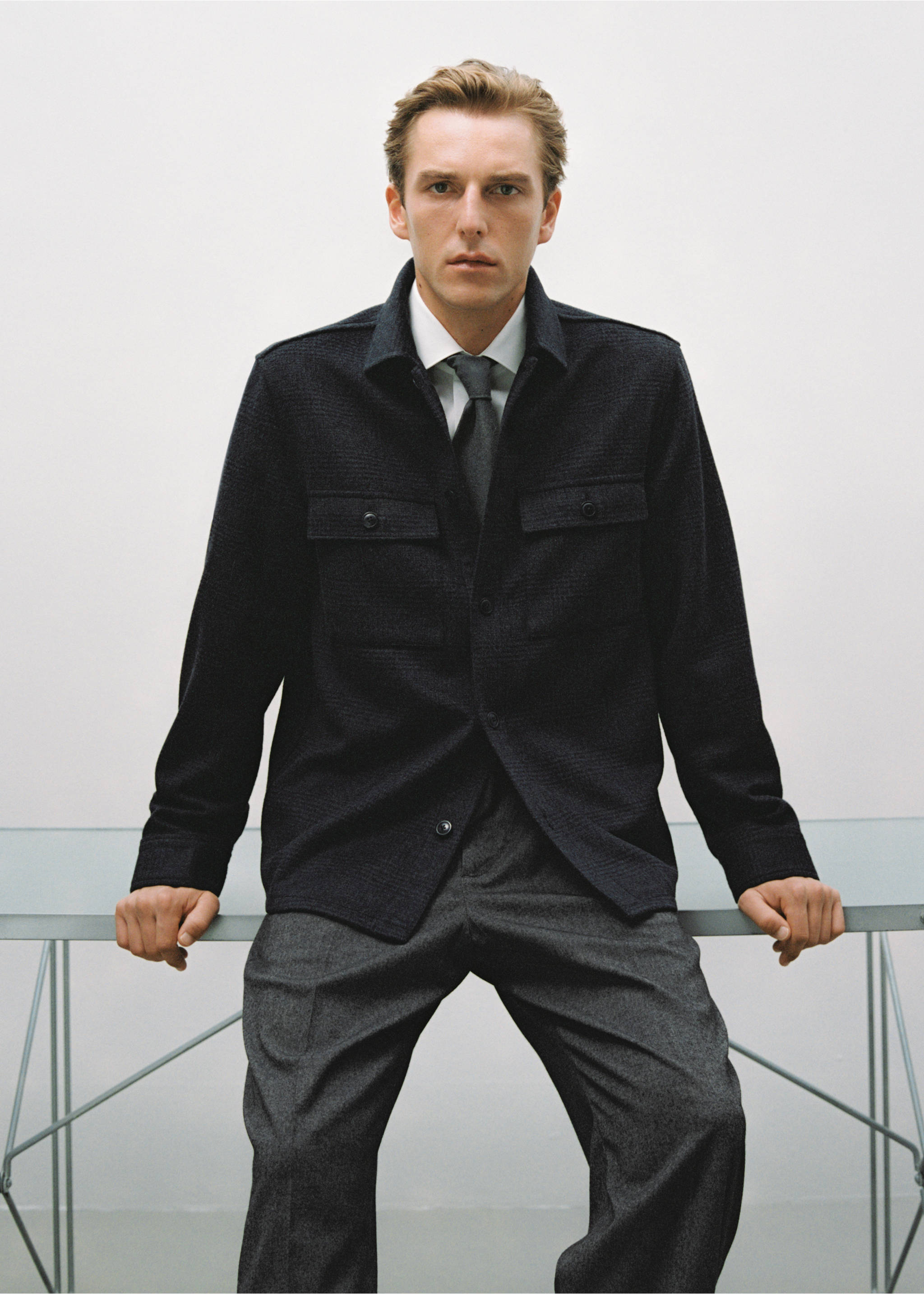 Wool-blend check jacket - Details of the article 3, Black. Ref: 17017891-00.