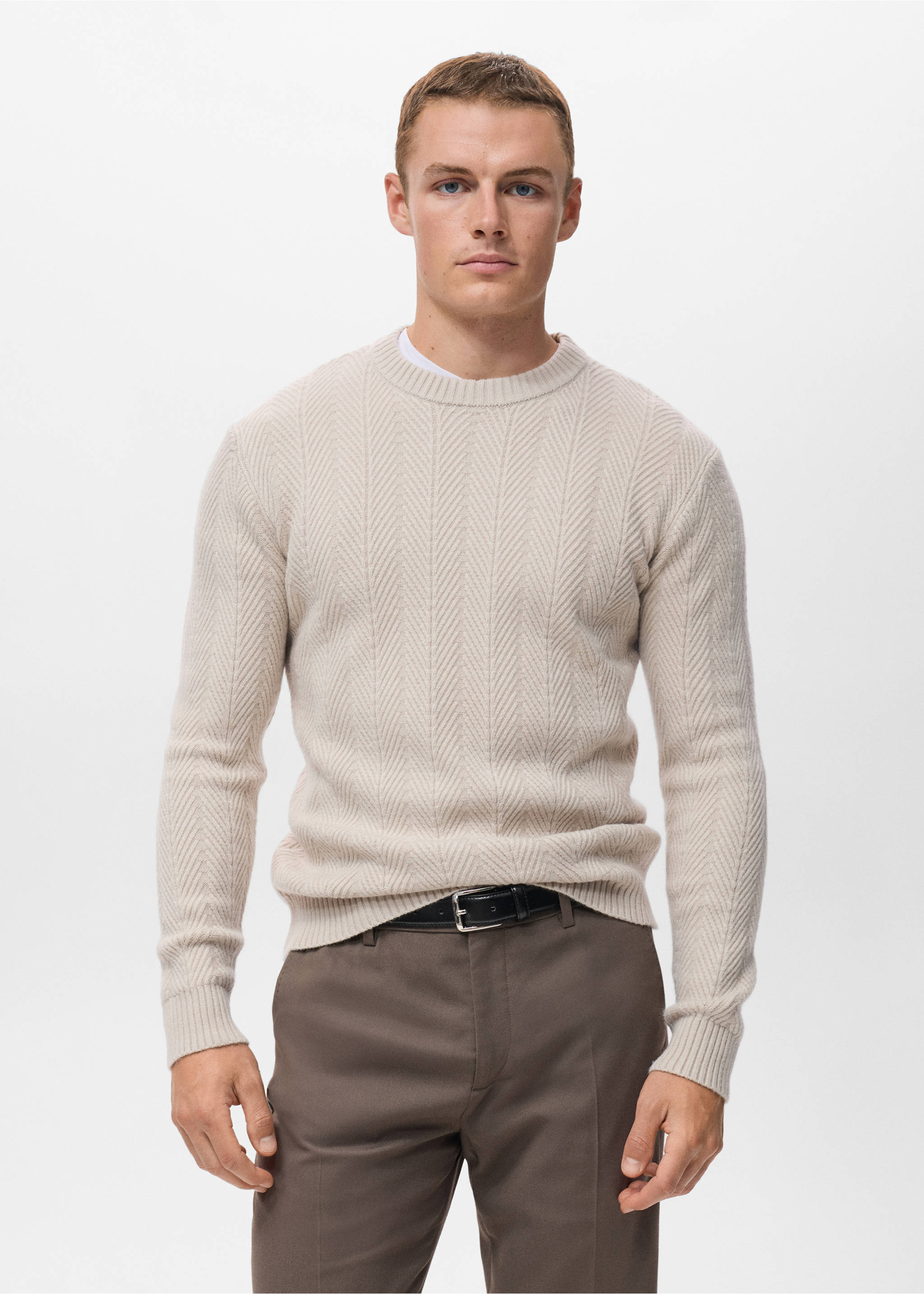 Herringbone structured sweater - Medium plane, Ecru. Ref: 17017904-00.