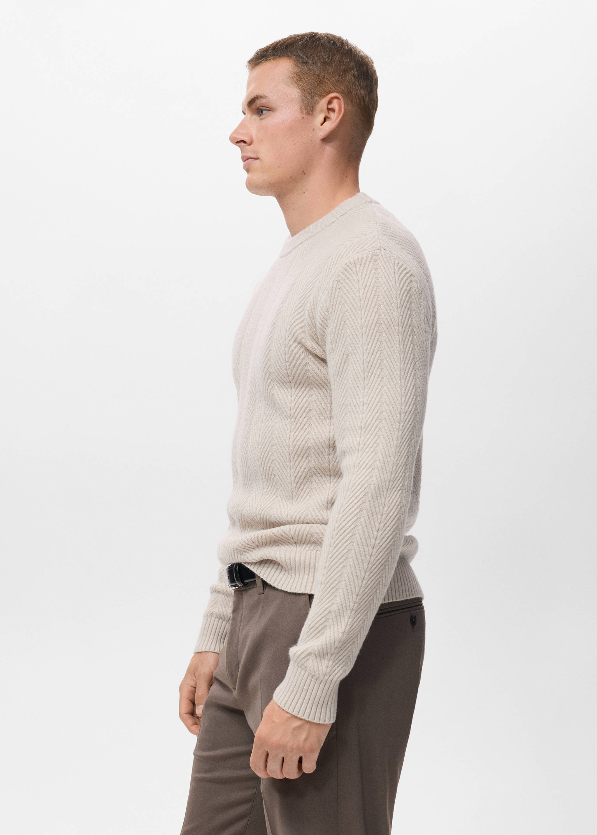Light beige crew neck jersey in a textured chevron knit.