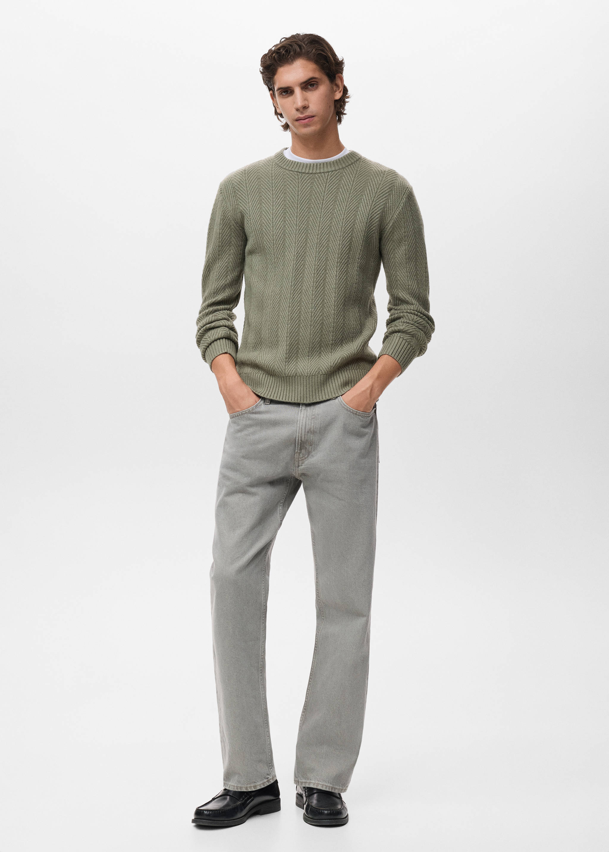 Sage green crew neck jersey with a textured chevron knit pattern.