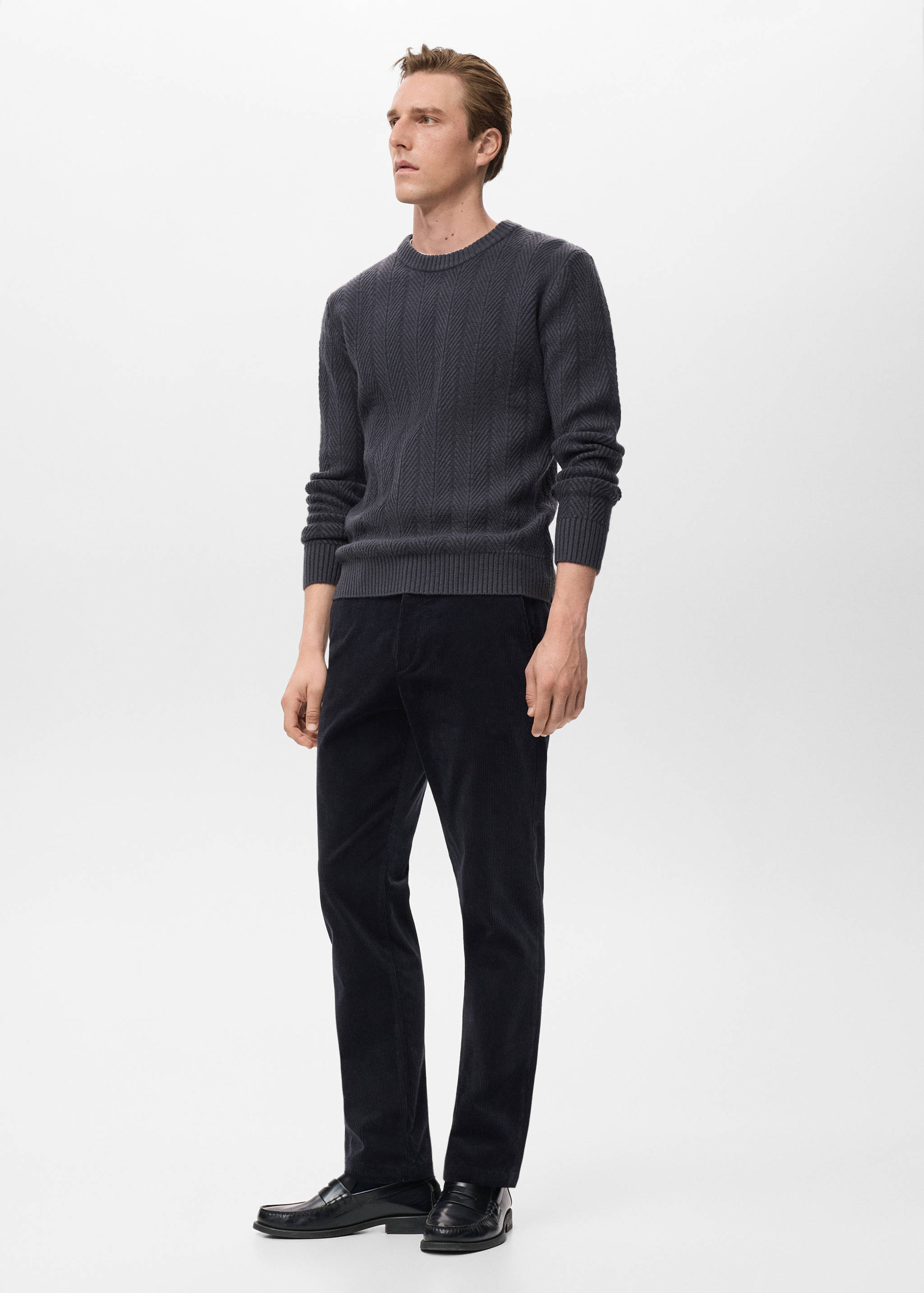 Dark grey crew neck textured knit jersey with ribbed trims.