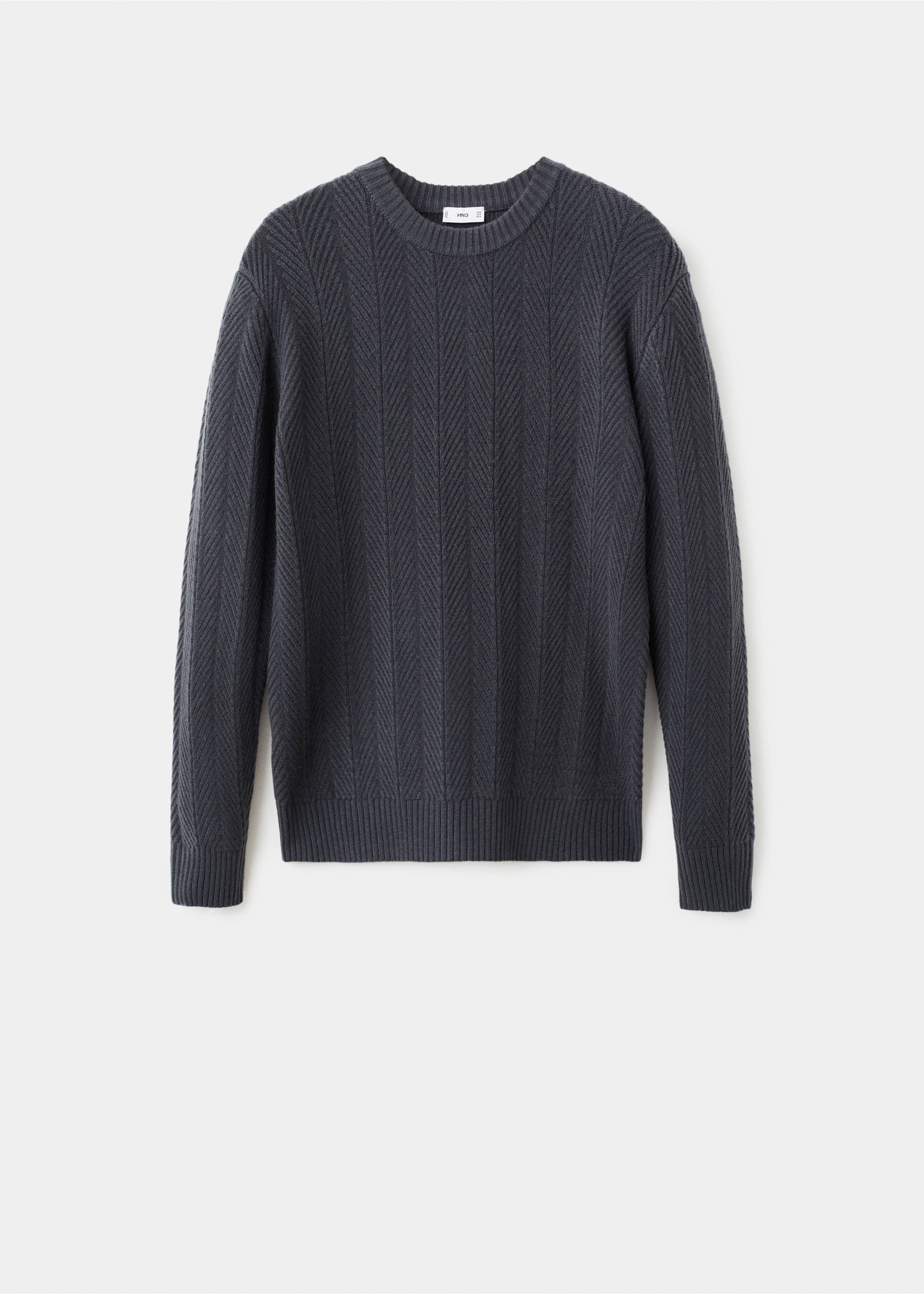 Dark grey men's crewneck sweater with a ribbed chevron knit pattern., Indigo Blue. Ref: 17017904-00.