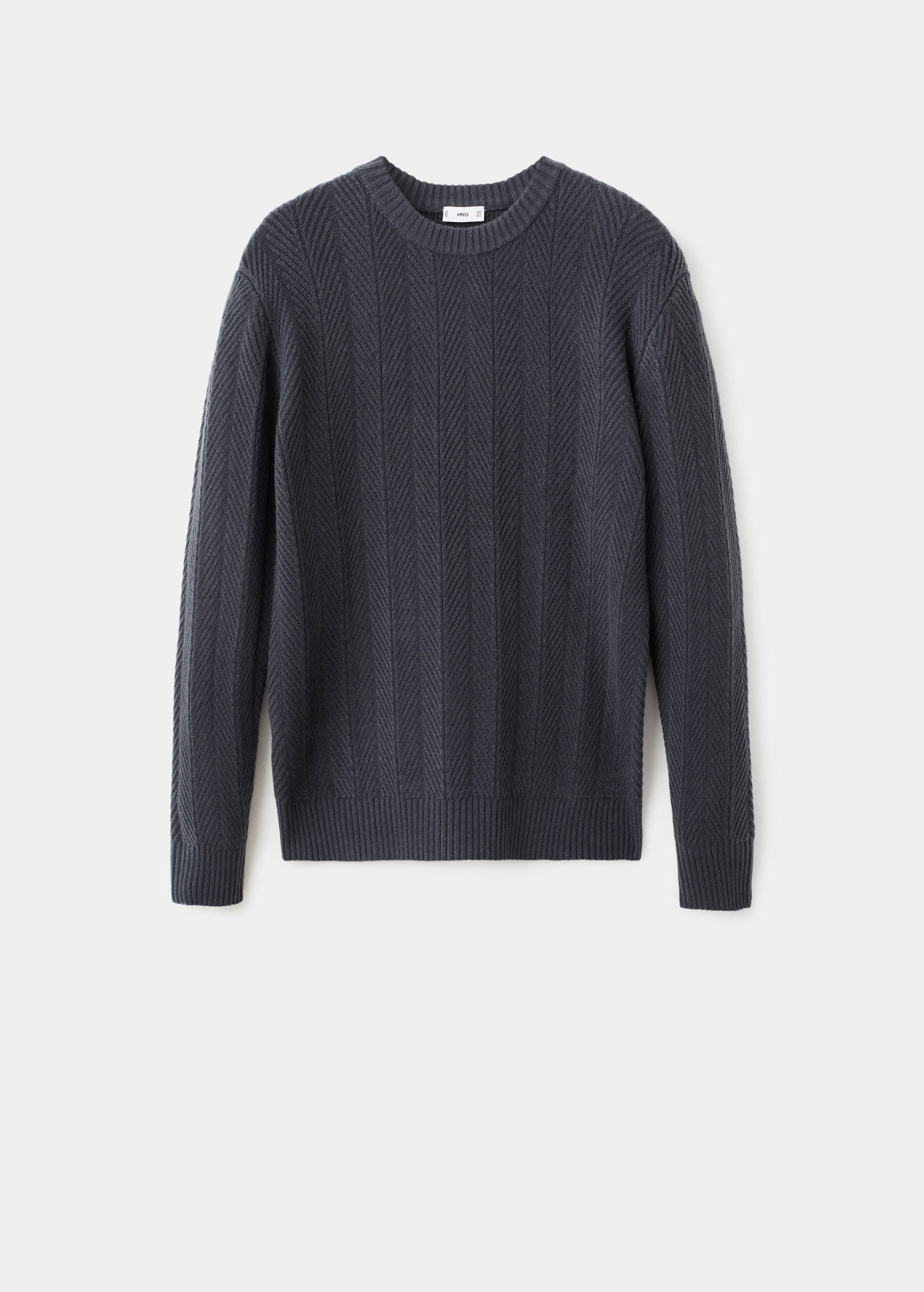 Dark grey men's crewneck sweater with a ribbed chevron knit pattern.