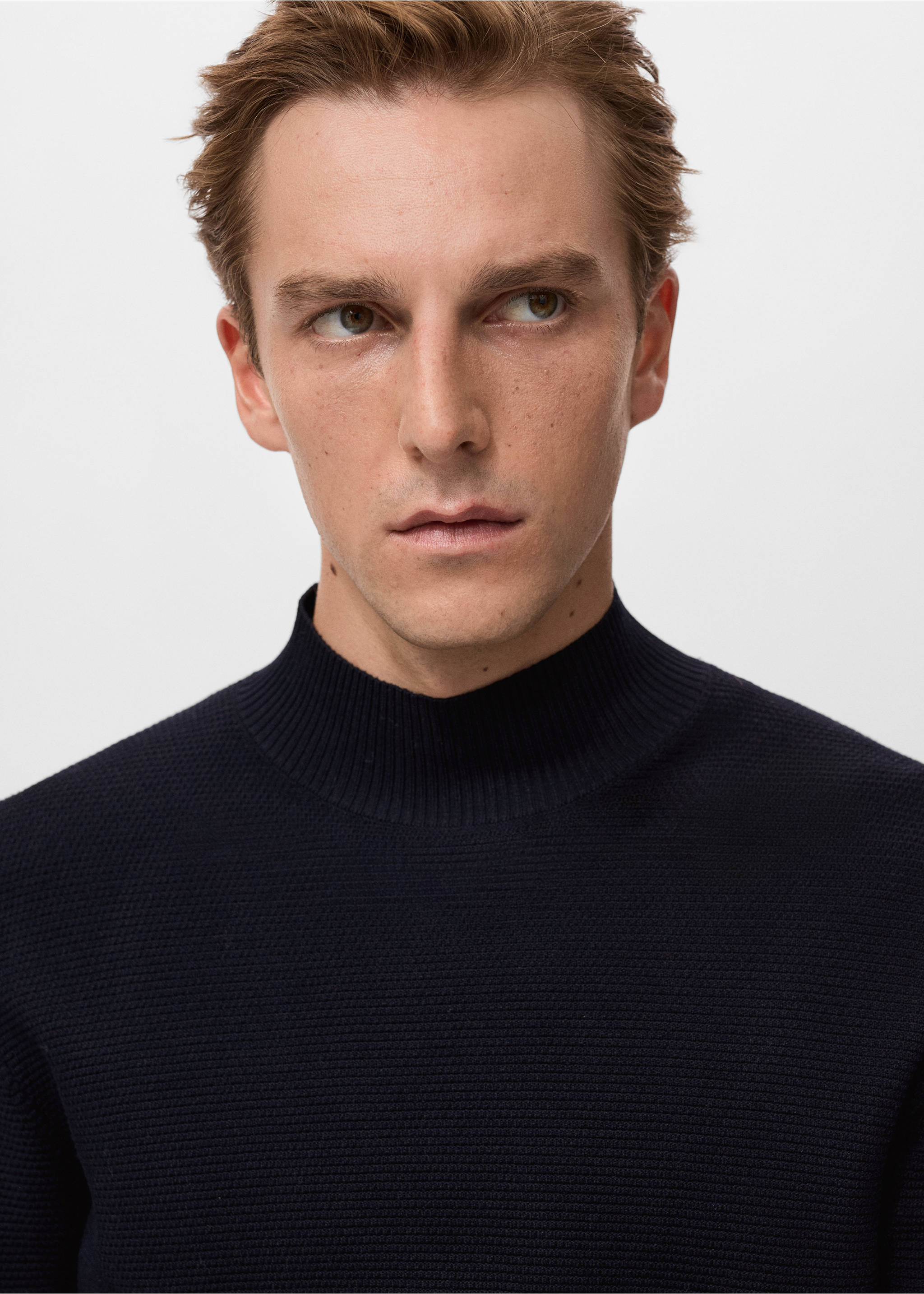 Structured perkins-neck sweater - Details of the article 1, Navy. Ref: 17017906-00.