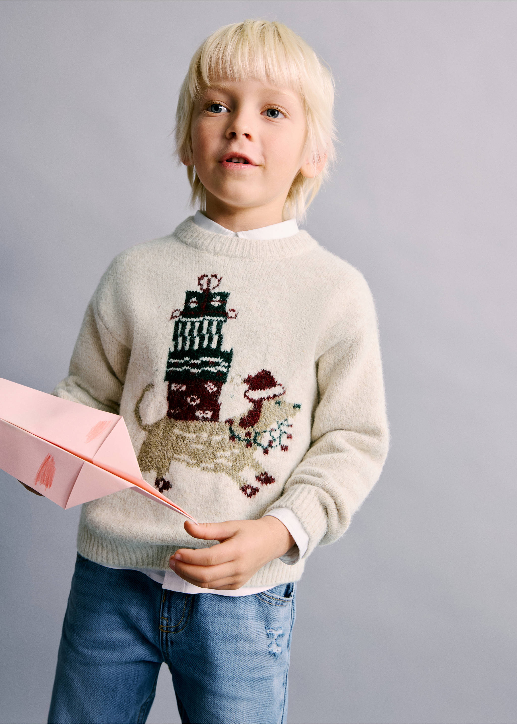 Pull-over brodé Noël - Plan moyen, Beige. Ref: 17019105-00.