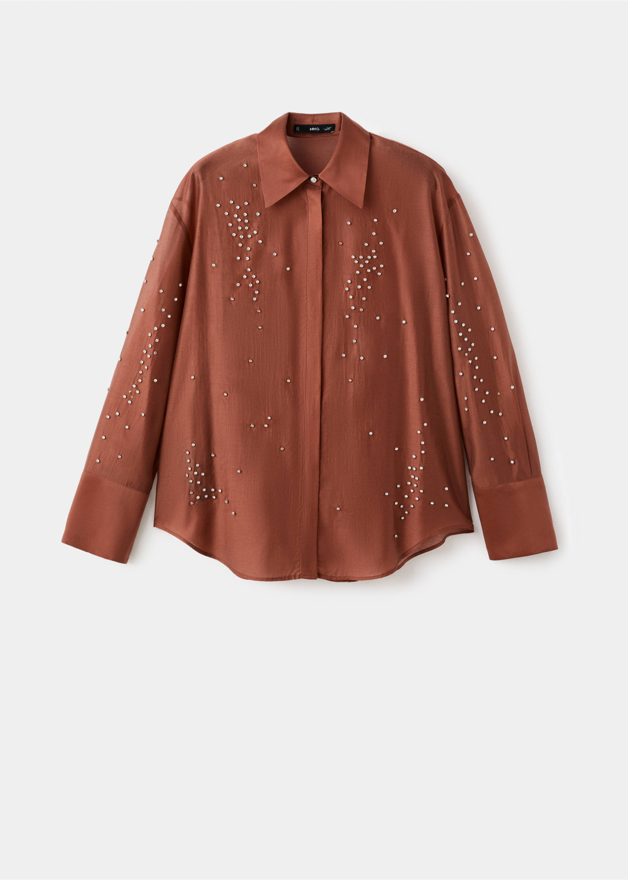 Brown shirt with a classic collar and scattered rhinestone embellishments., Russet. Ref: 17019108-00.