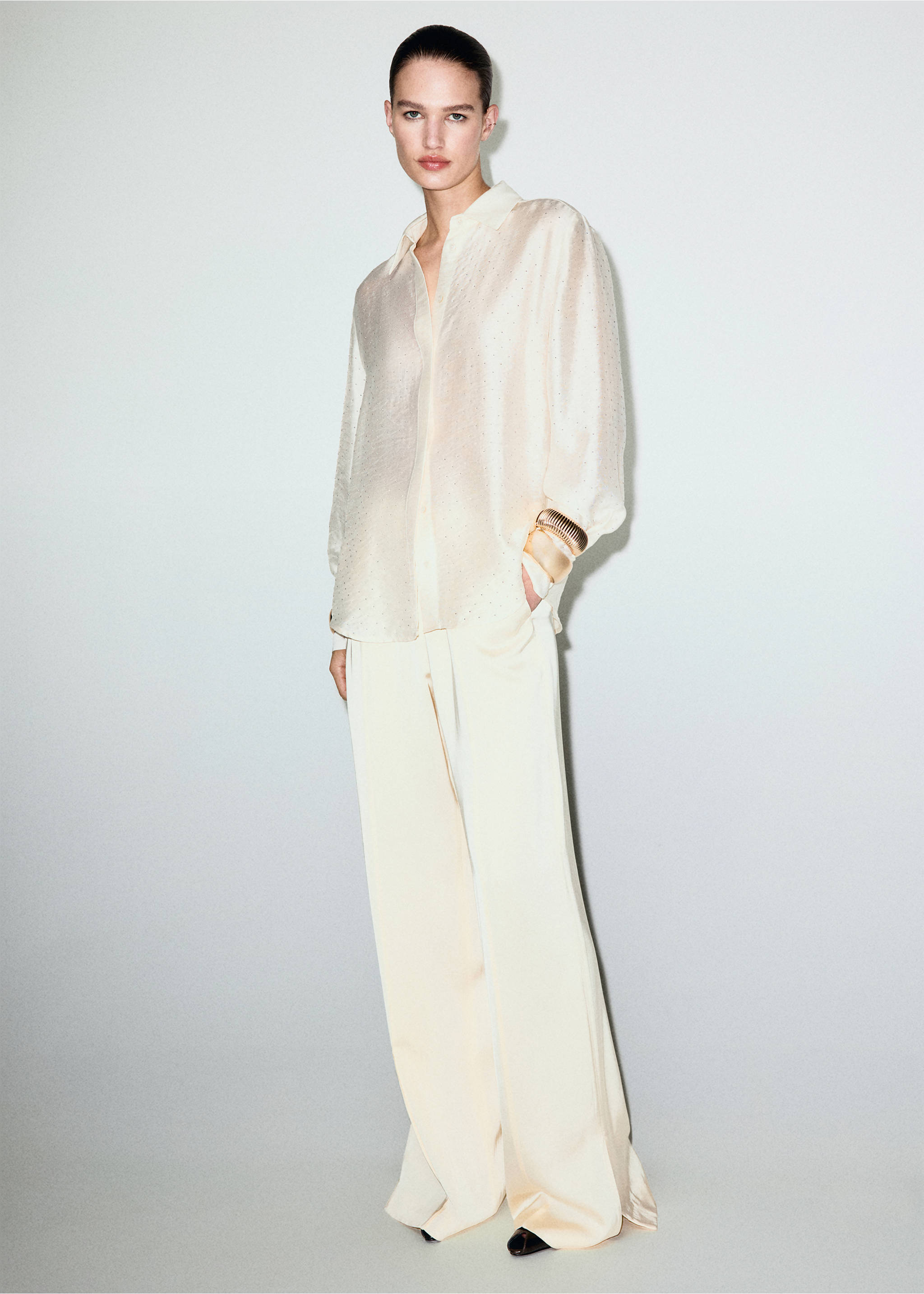 Satin shirt with rhinestones - General plane, Beige. Ref: 17019109-00.