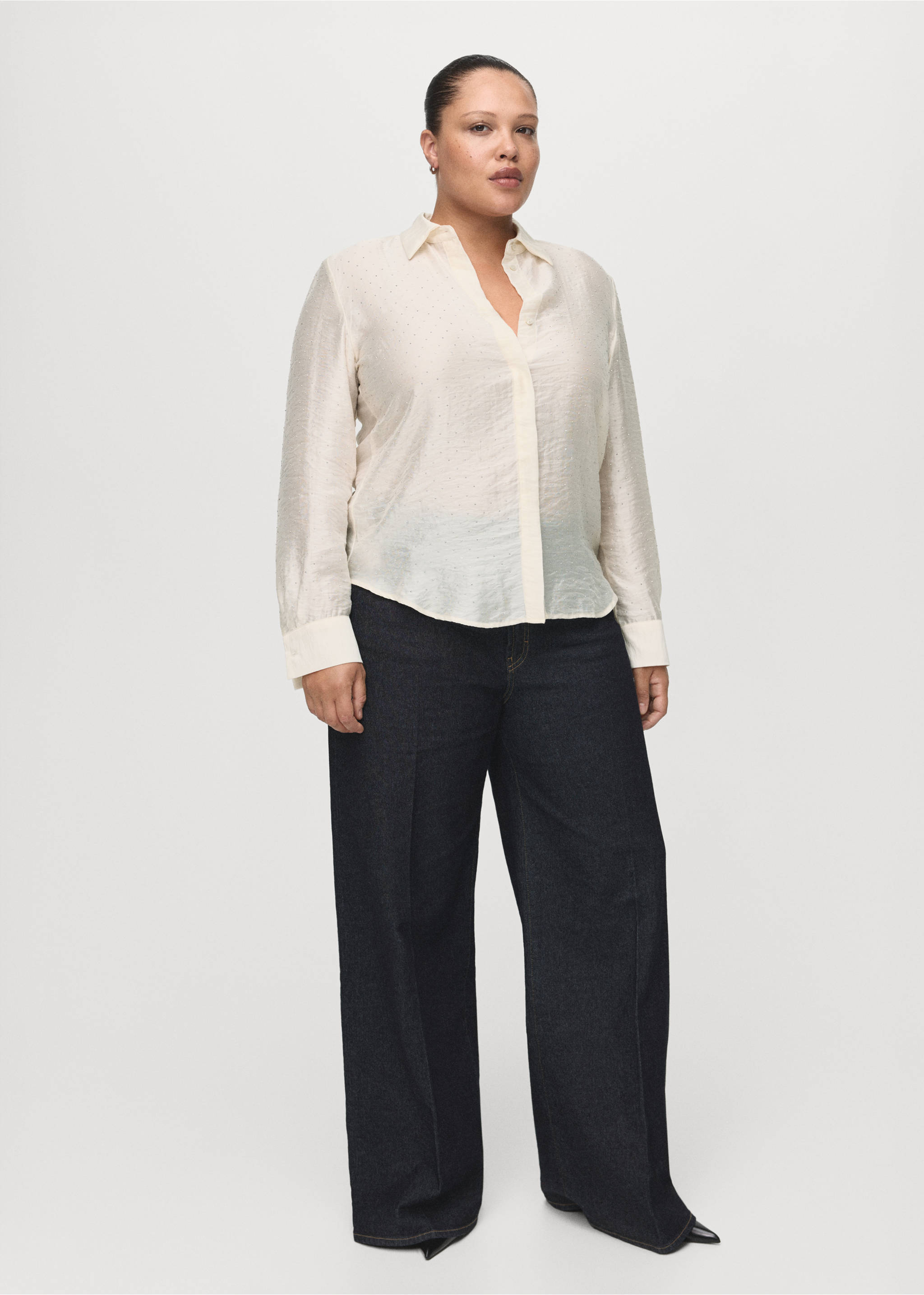 Satin shirt with rhinestones - Details of the article 3, Beige. Ref: 17019109-00.