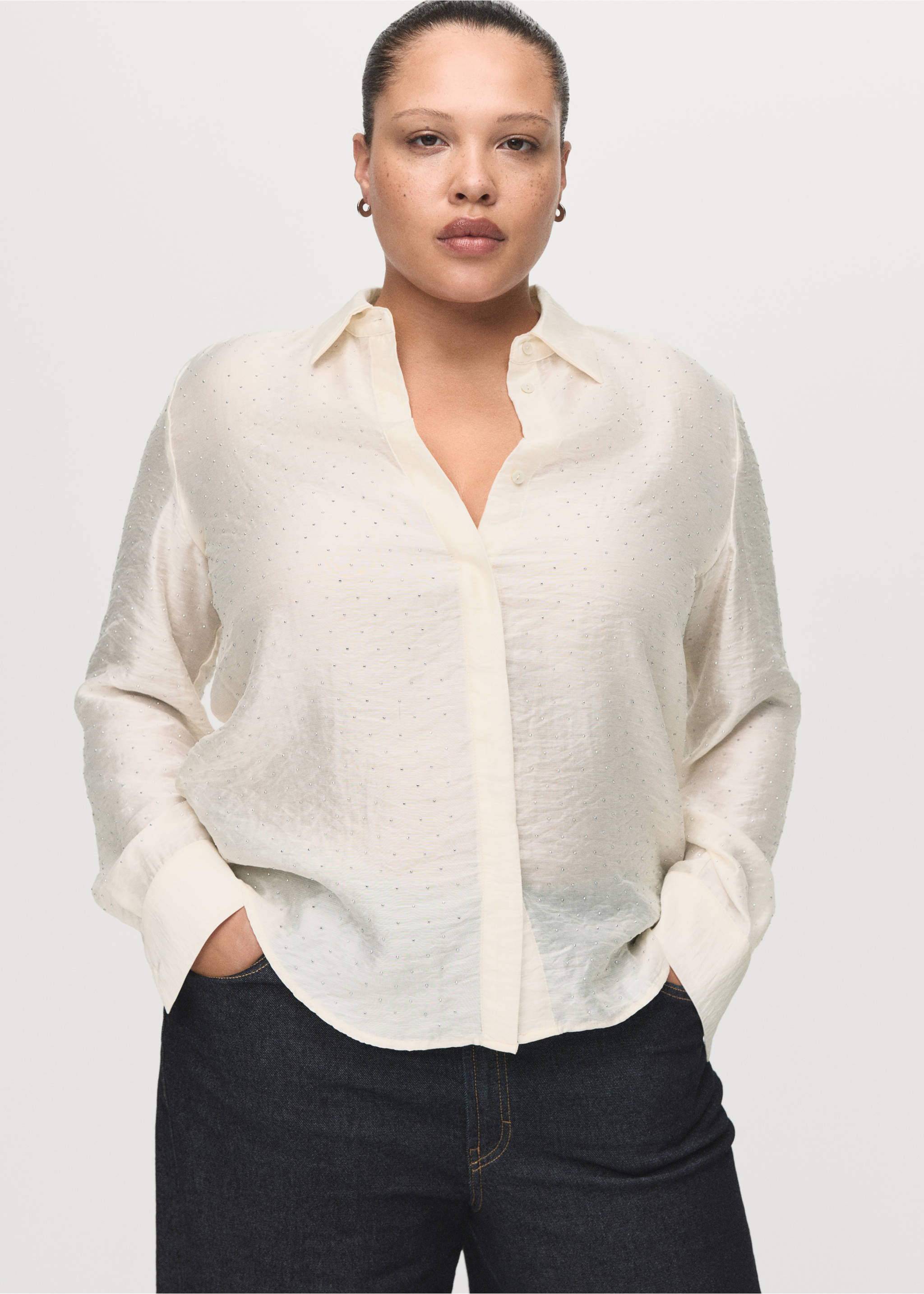 Satin shirt with rhinestones - Details of the article 5, Beige. Ref: 17019109-00.