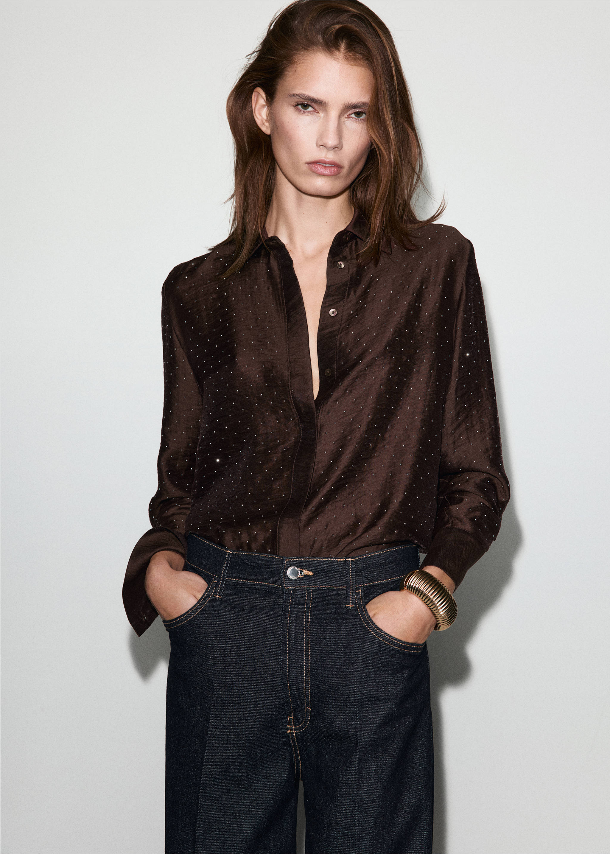 Satin shirt with rhinestones - Medium plane, Brown. Ref: 17019109-00.