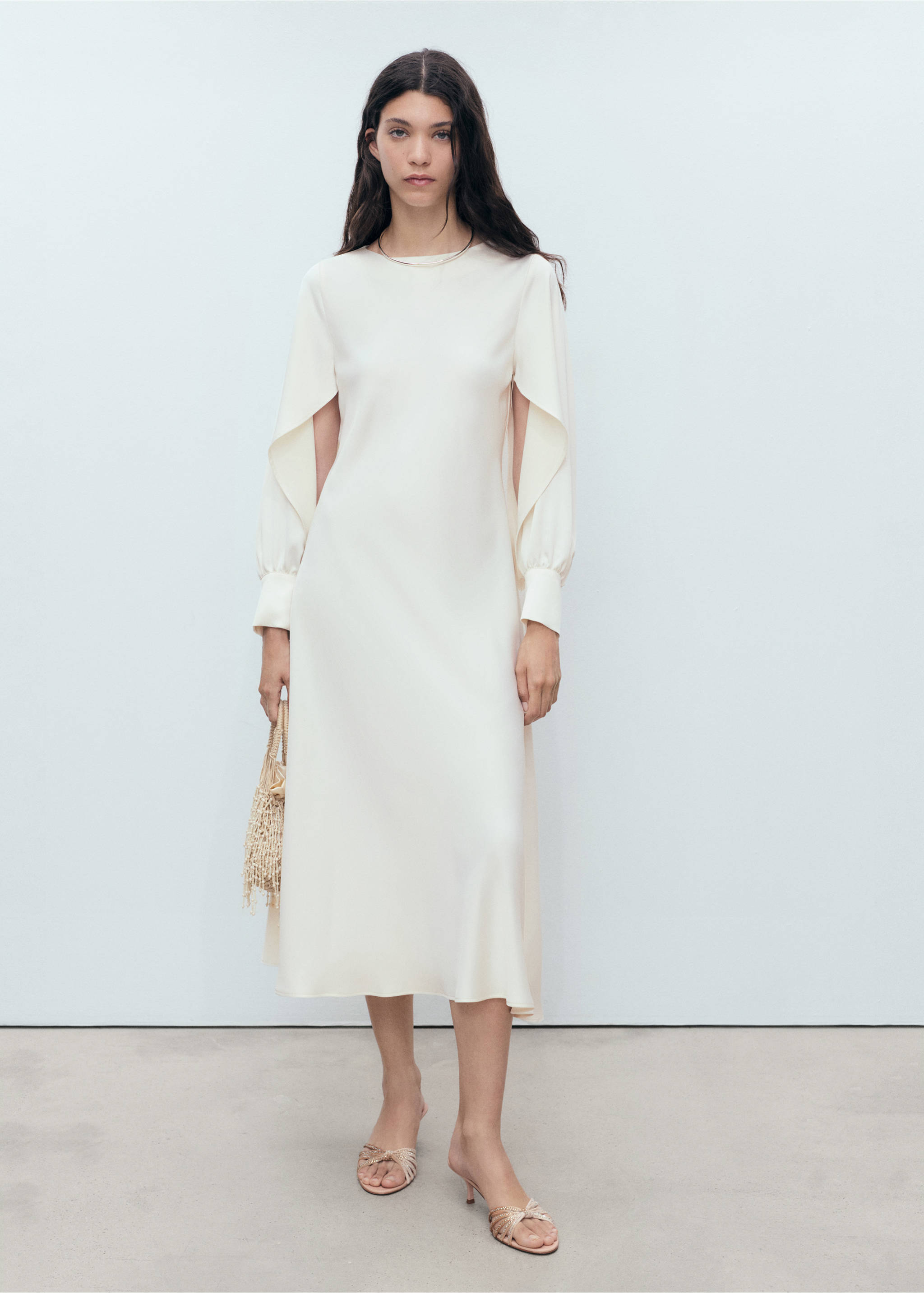Satin dress with slit sleeves - General plane, Off White. Ref: 17021126-00.