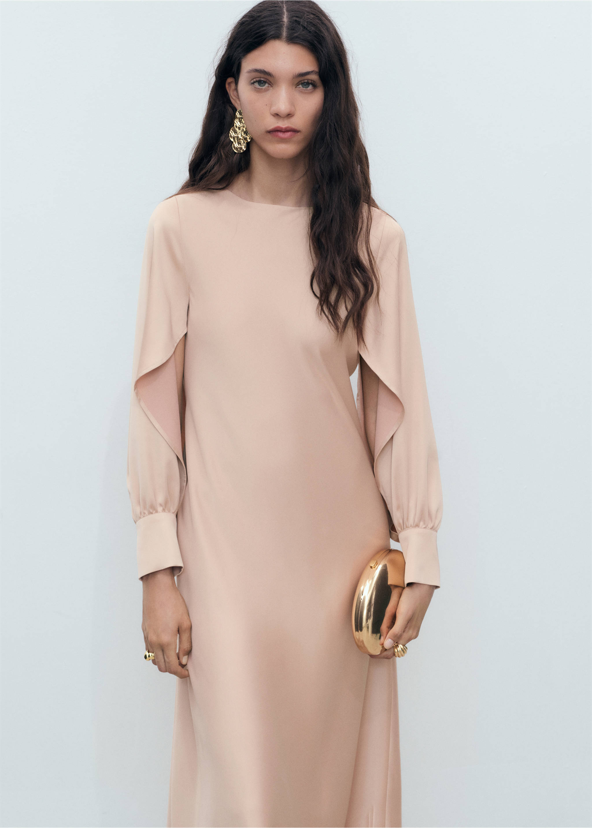 Satin dress with slit sleeves - Medium plane, Nude. Ref: 17021126-00.