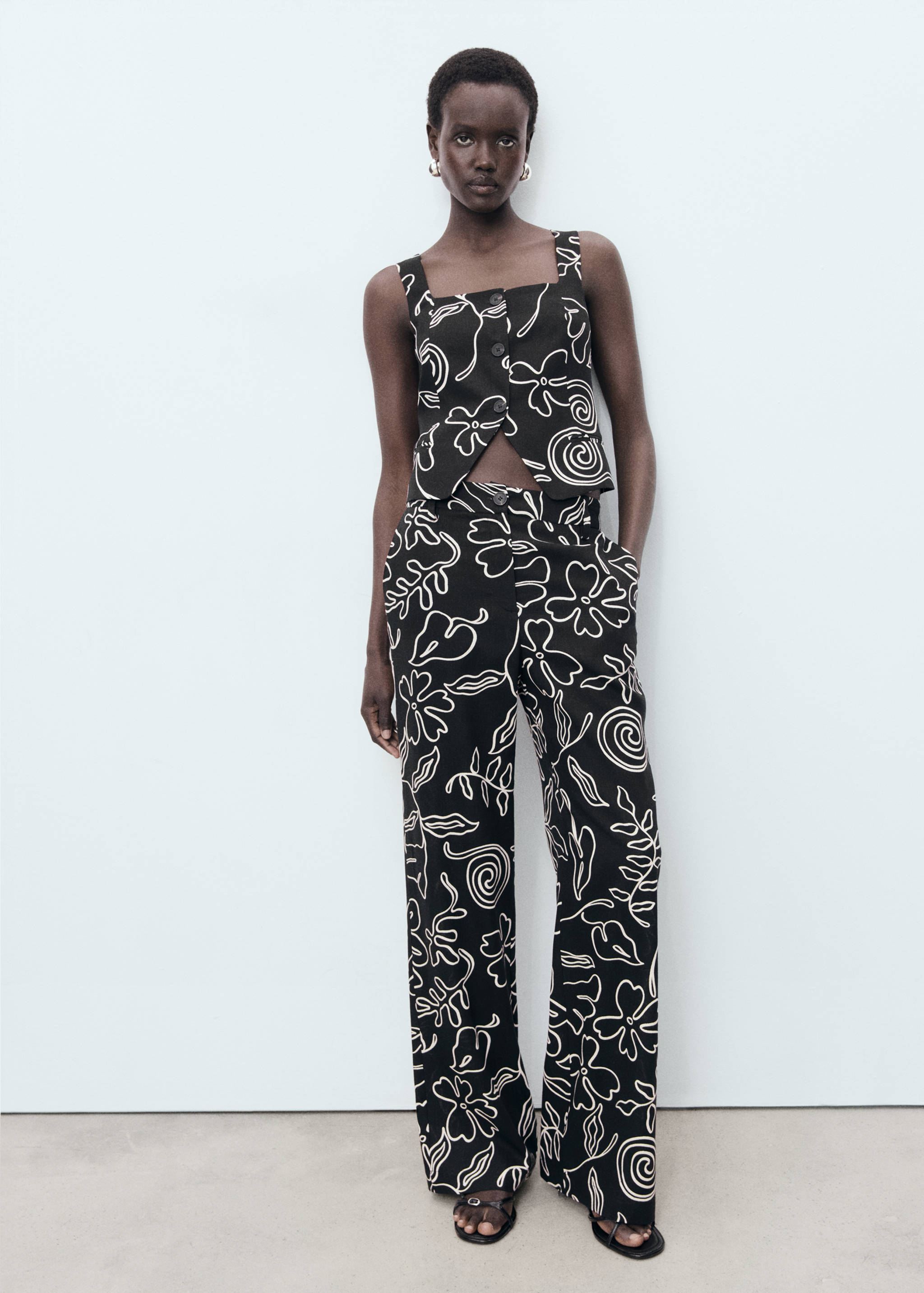 Floral-print linen-blend trousers - General plane