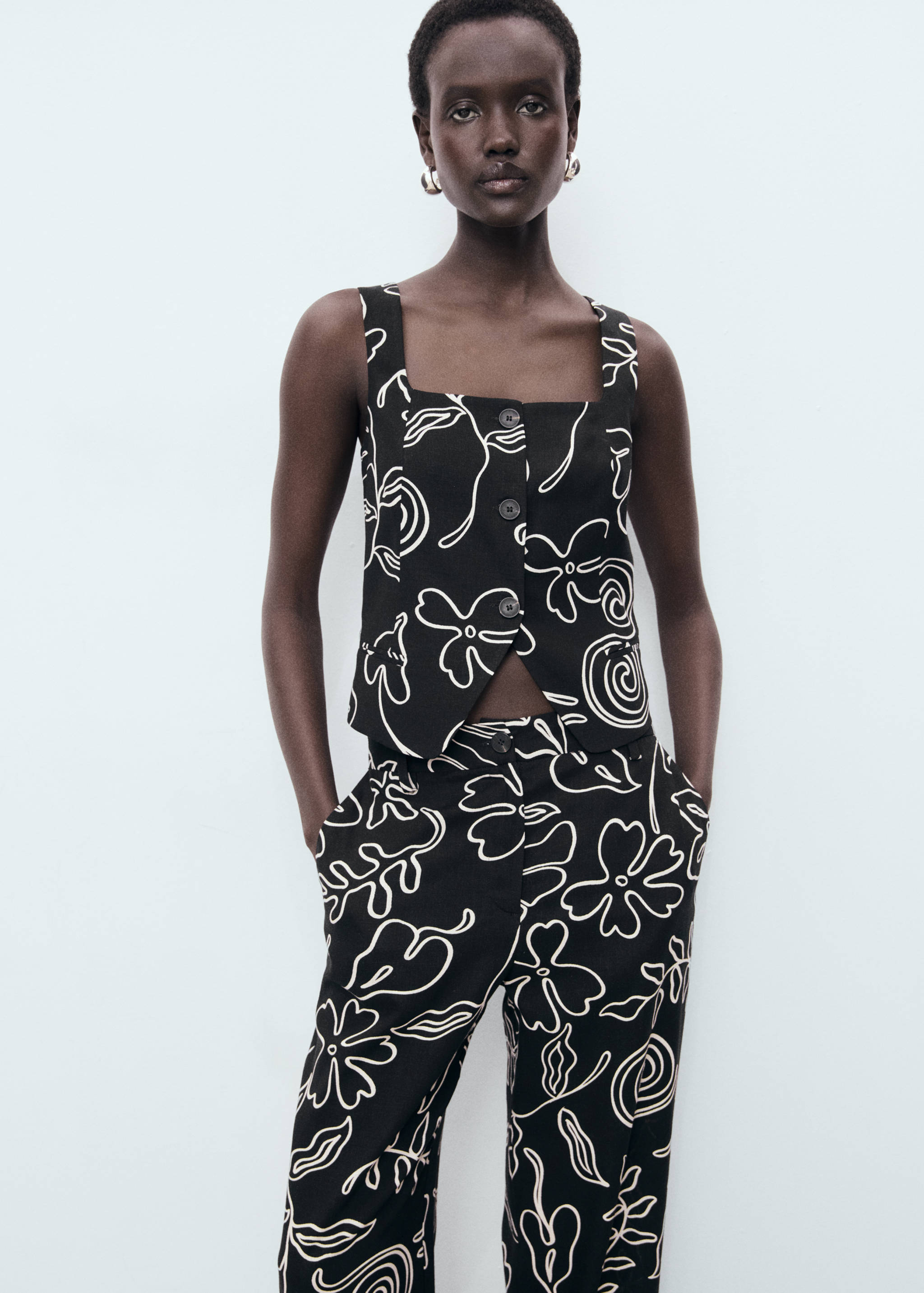 Floral-print linen-blend trousers - Details of the article 1