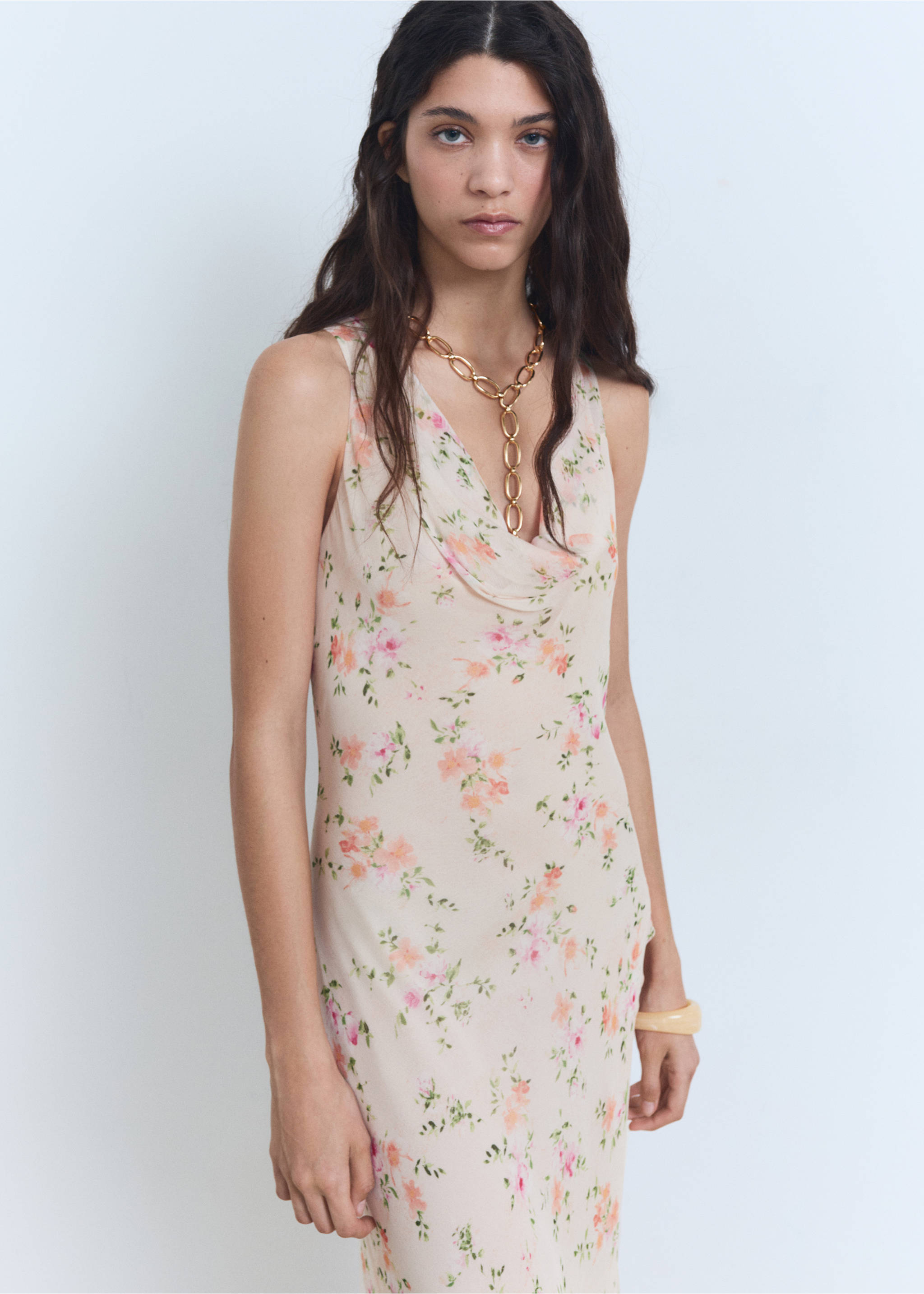 Floral-print draped dress - Medium plane, Salmon. Ref: 17021173-00.