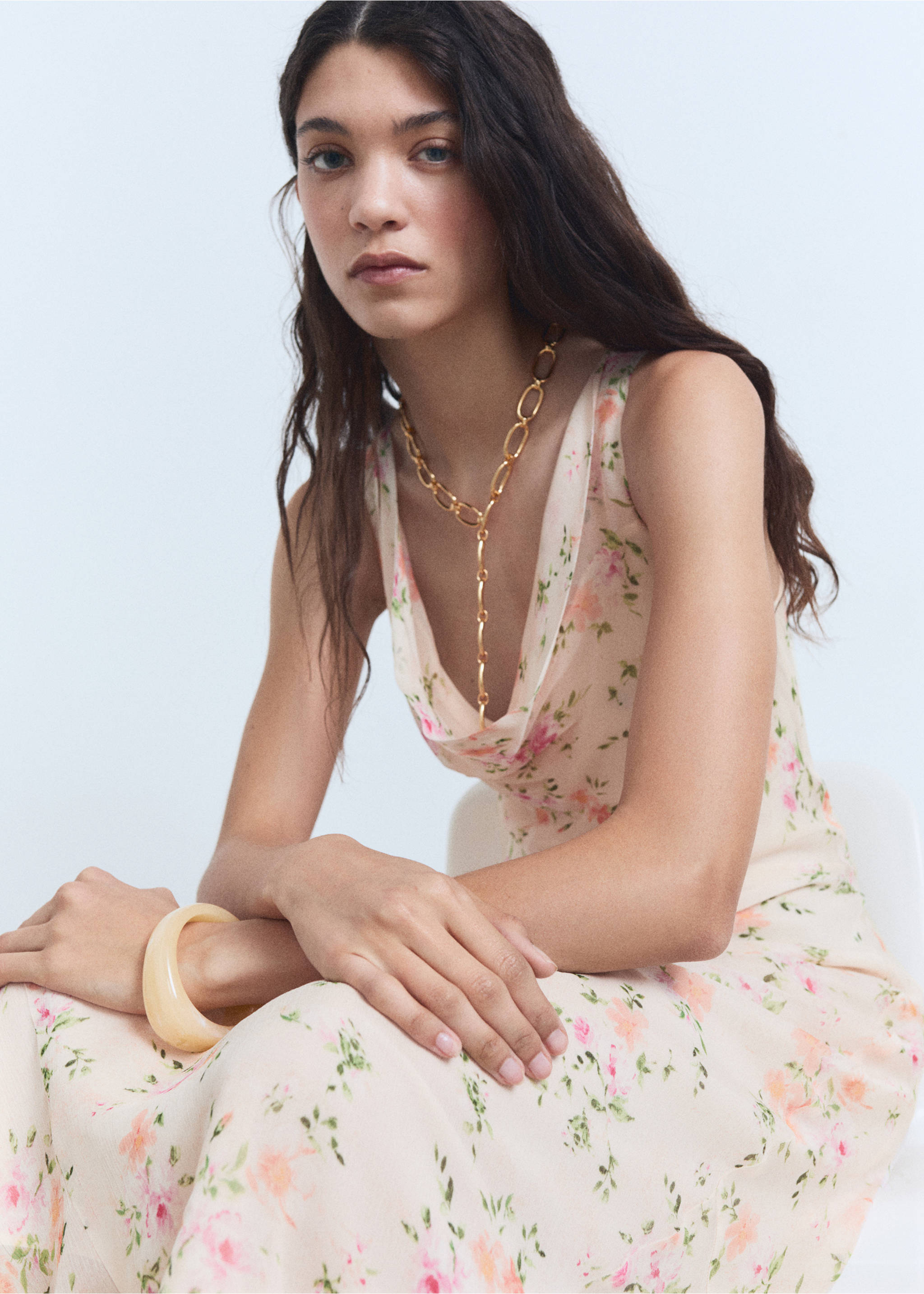 Floral-print draped dress - Details of the article 2, Salmon. Ref: 17021173-00.