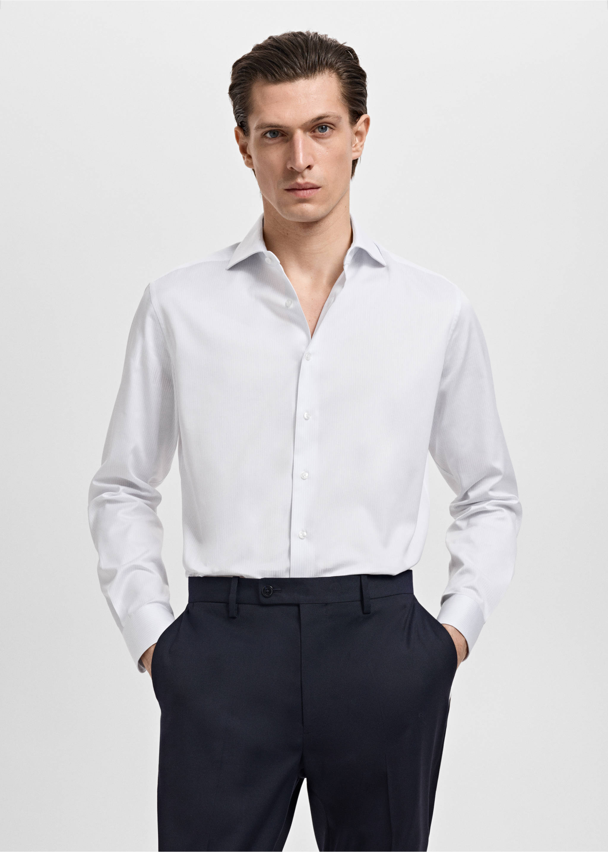 Slim fit cotton striped suit shirt - Medium plane, White. Ref: 17021178-00.