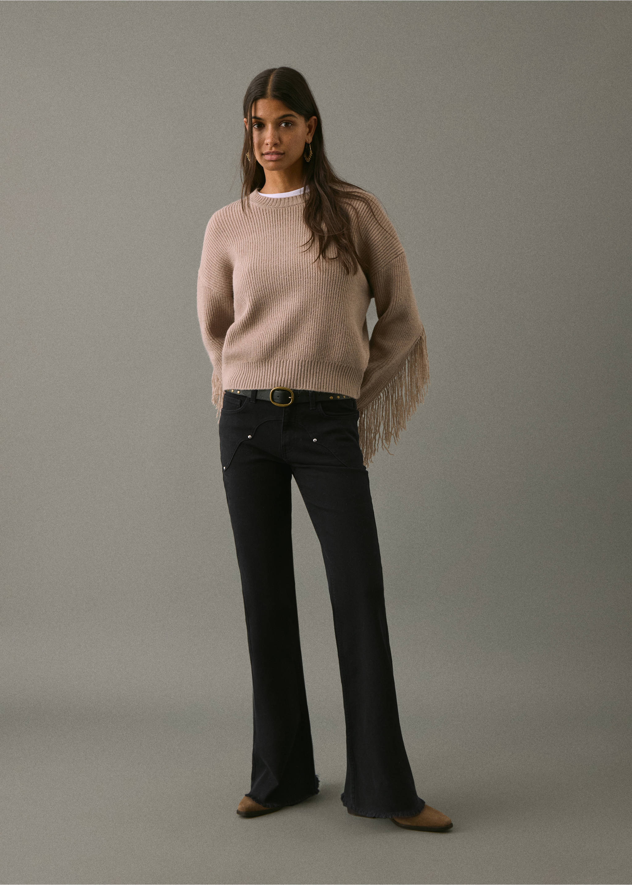 Flared jeans with studs - General plane, Black denim. Ref: 17021183-00.