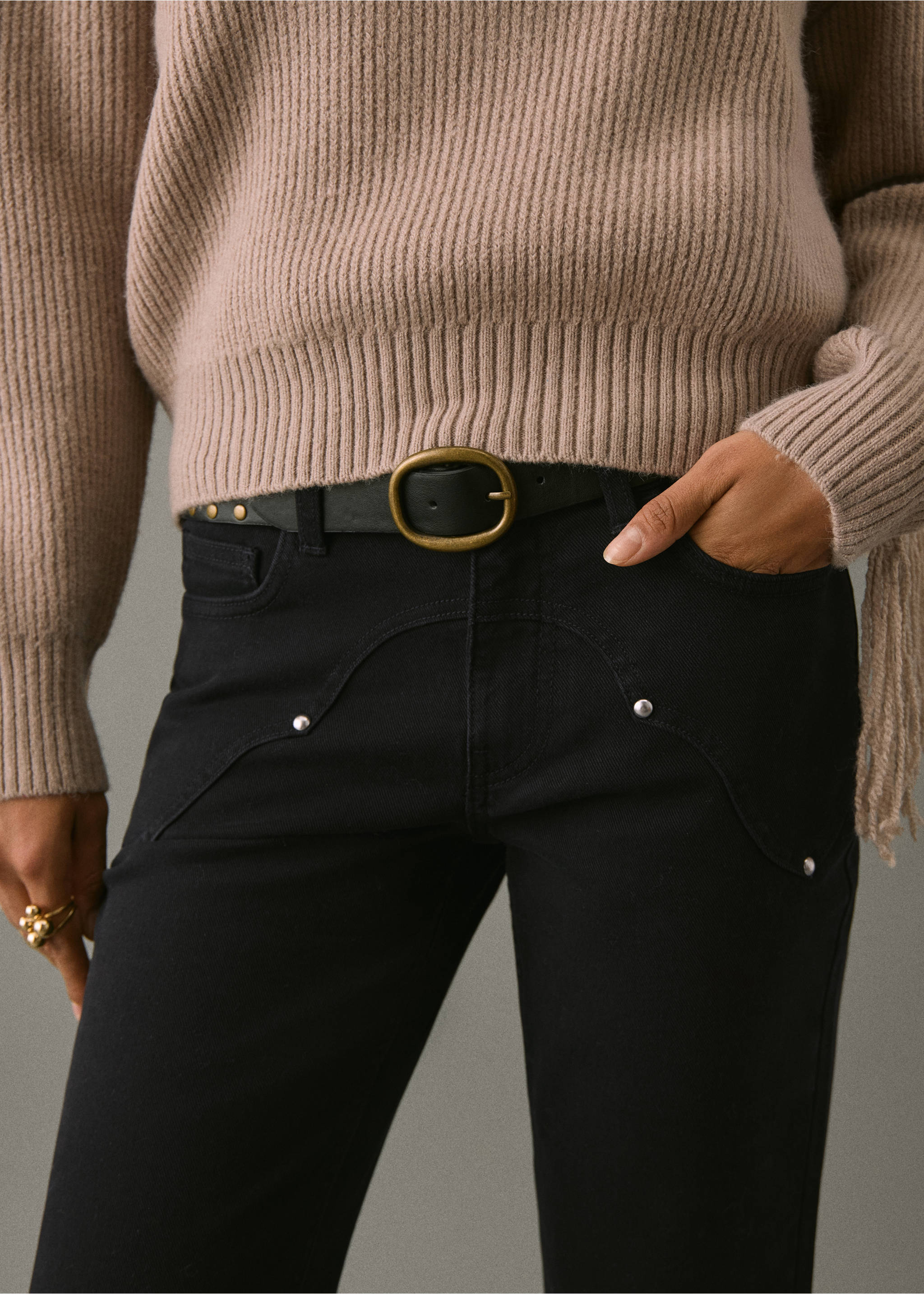 Flared jeans with studs - Details of the article 3, Black denim. Ref: 17021183-00.