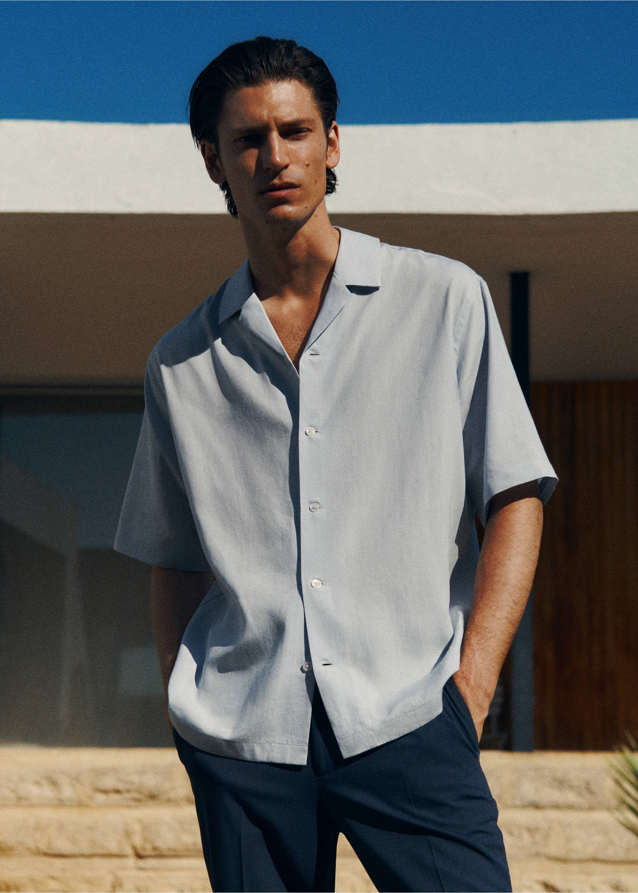 Bowling linen lyocell shirt - Details of the article 5, Sky Blue. Ref: 17021230-00.