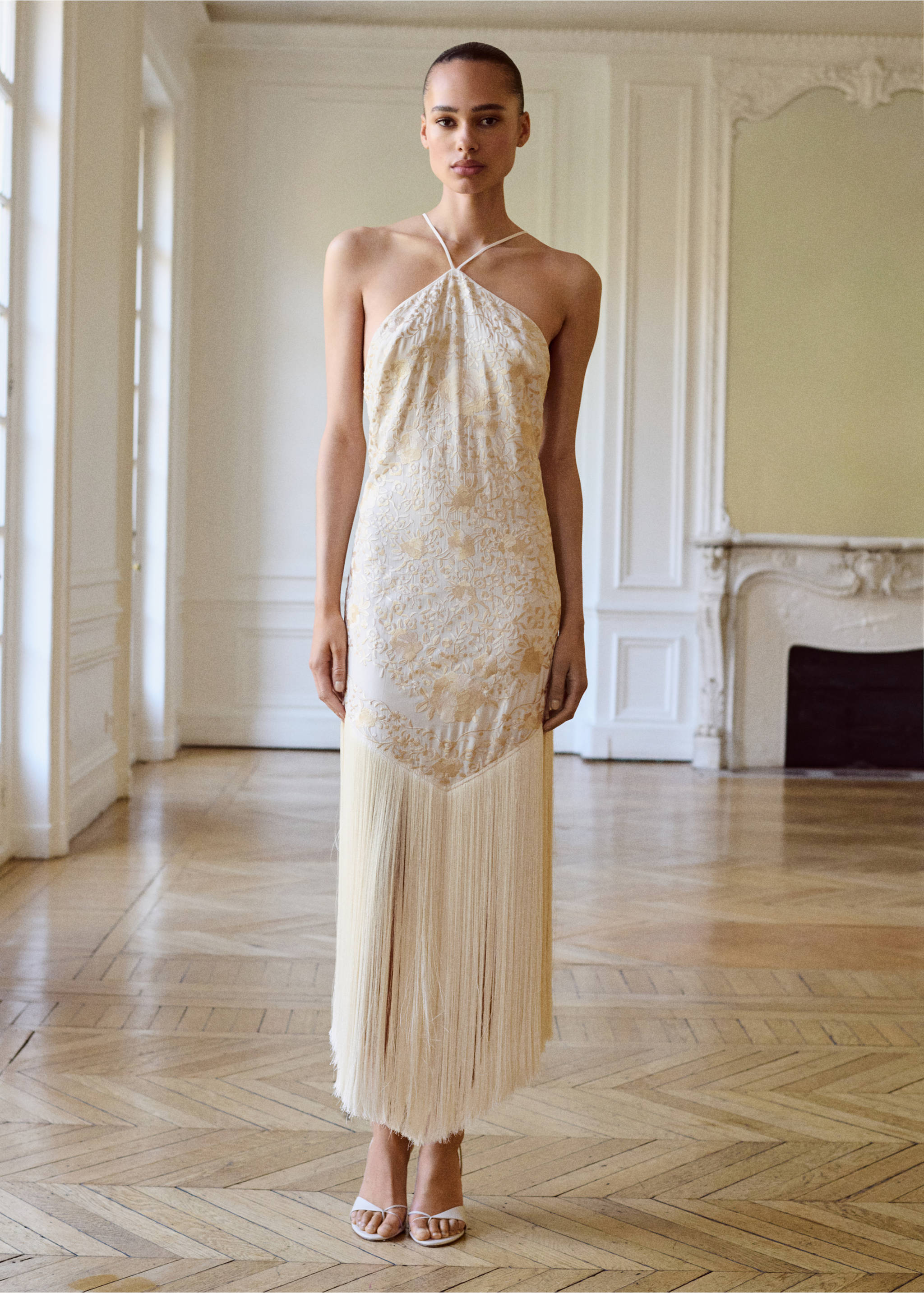 Floral-embroidered dress with fringe detail - General plane, Ecru. Ref: 17021233-00.