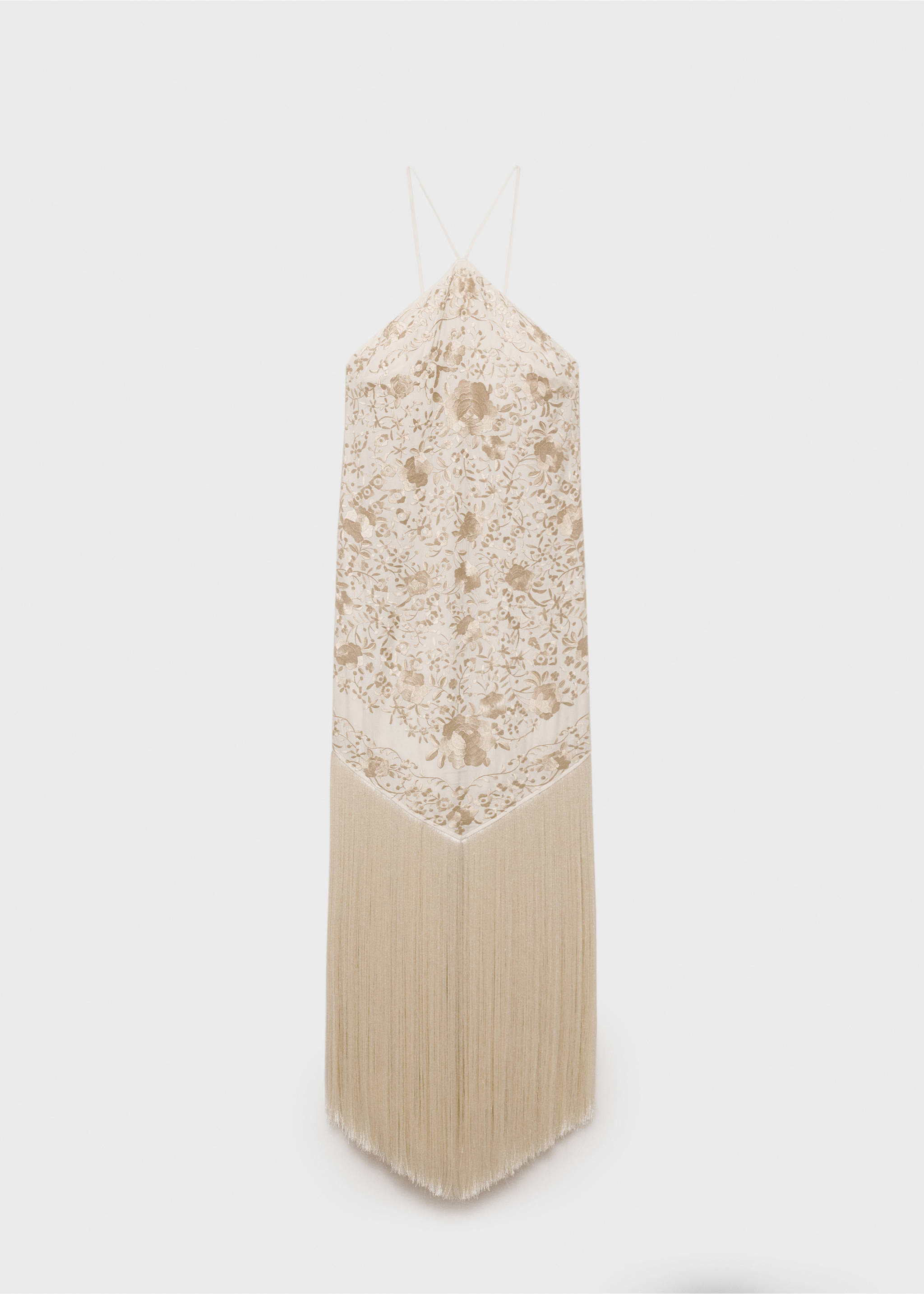 Floral-embroidered dress with fringe detail - Article without model, Ecru. Ref: 17021233-00.