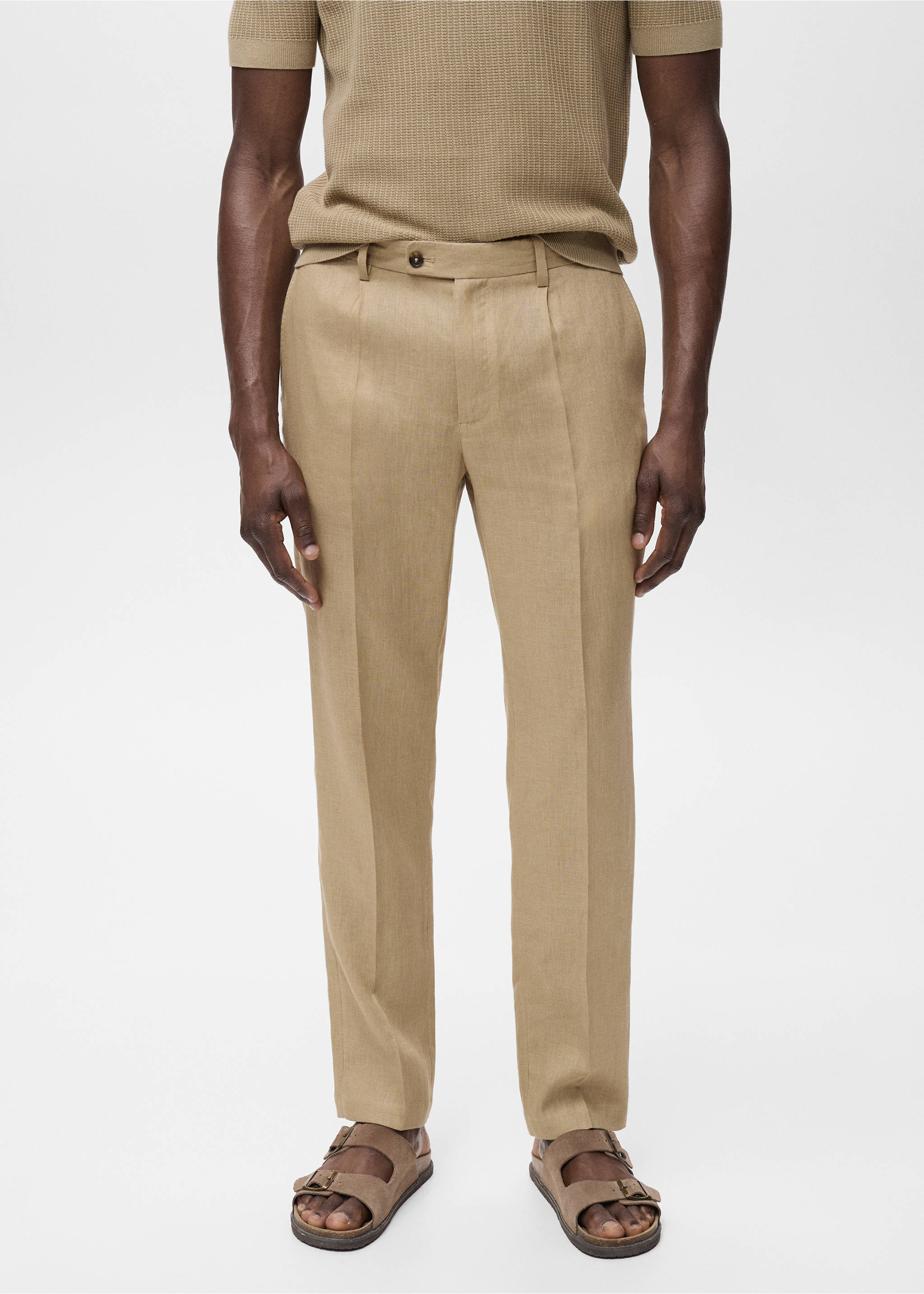 Slim-fit 100% linen trousers - Medium plane, Beige. Ref: 17021236-00.
