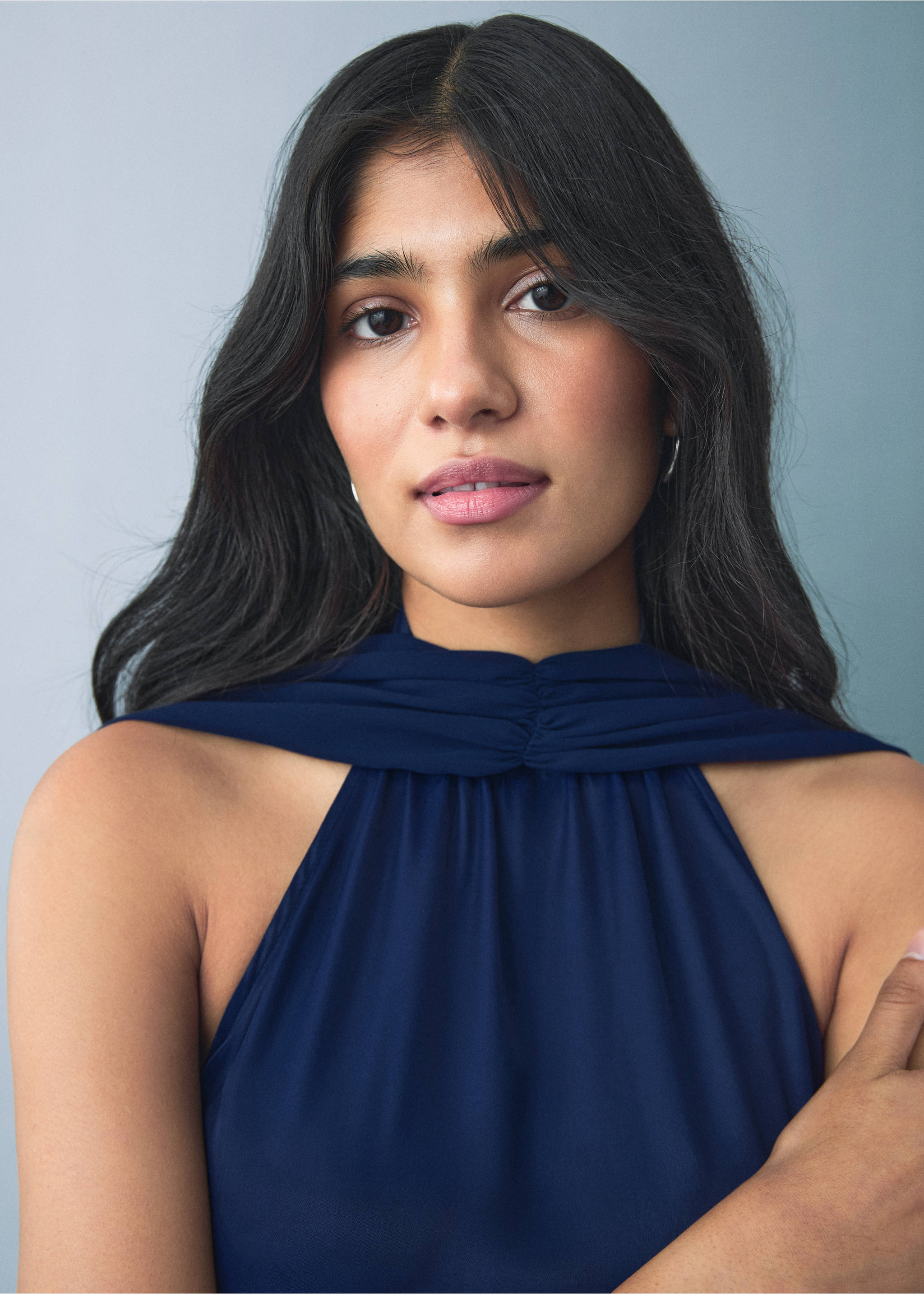 Satin halter neck dress - Medium plane, Navy. Ref: 17021290-00.