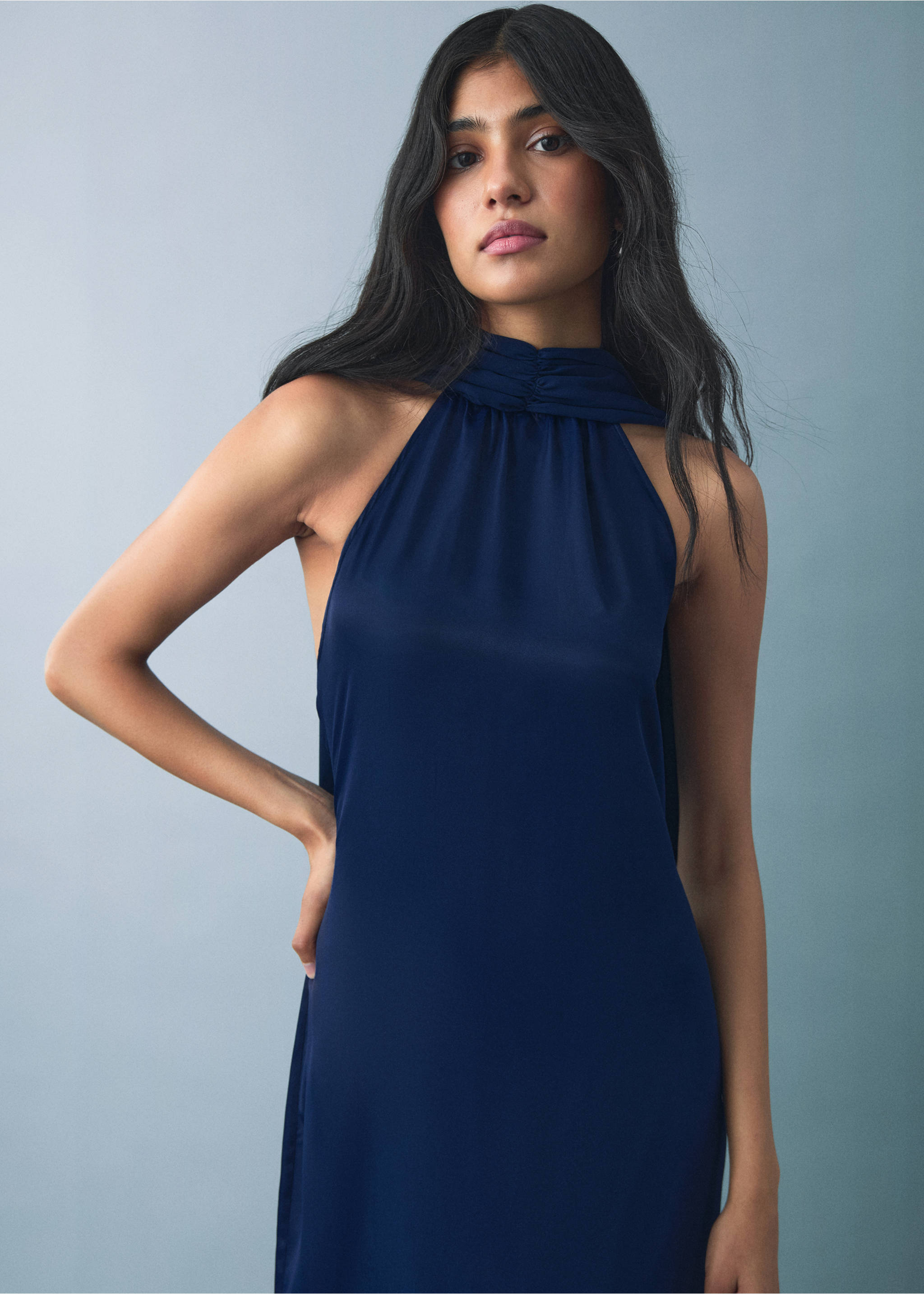 Satin halter neck dress - Details of the article 1, Navy. Ref: 17021290-00.