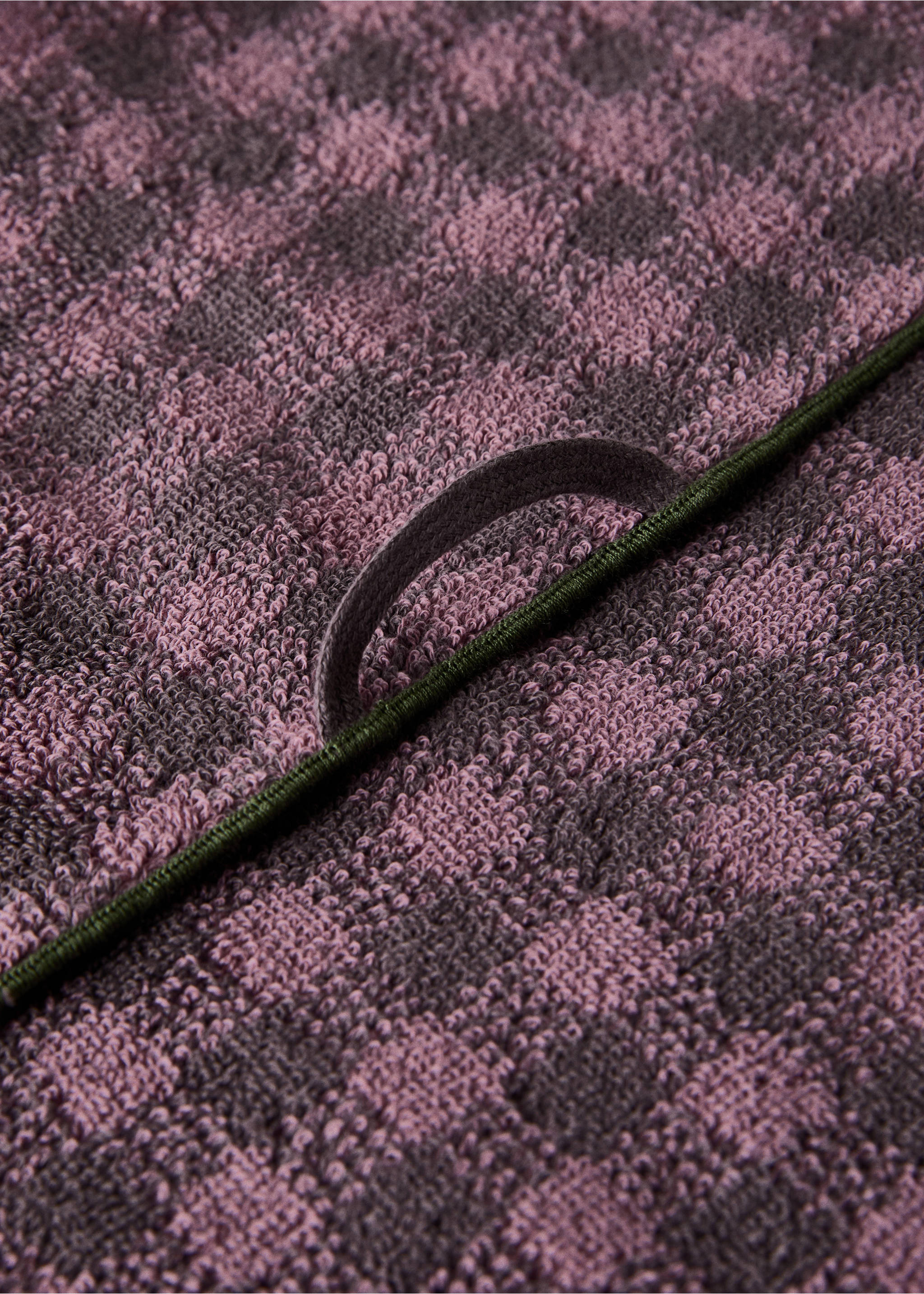 Close-up of a mauve and purple checkered towel detail with a hanging loop., Purple. Ref: 17021614-00.