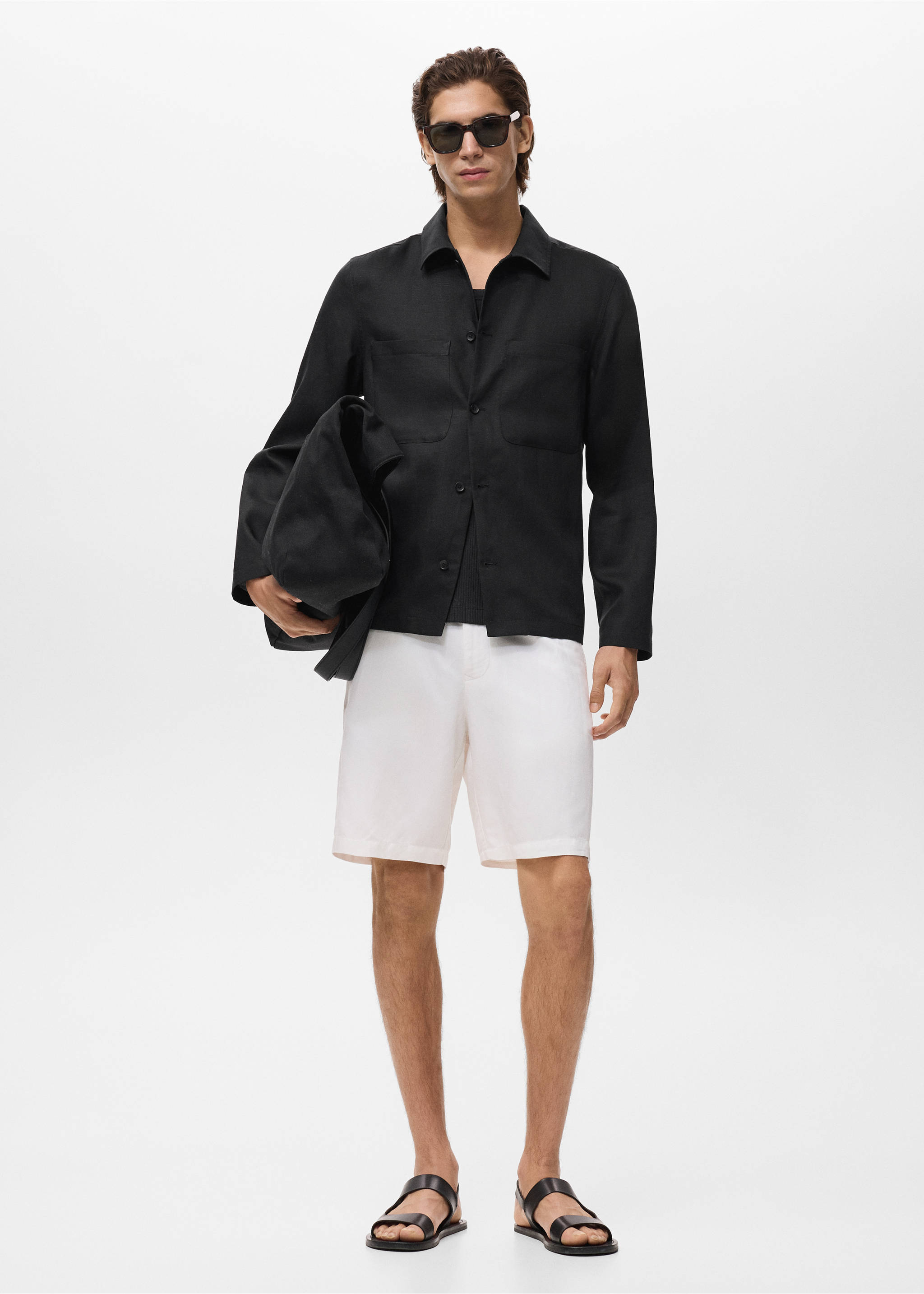 Veste en lin mélangé avec boutons - Plan général, Noir. Ref: 17022894-00.