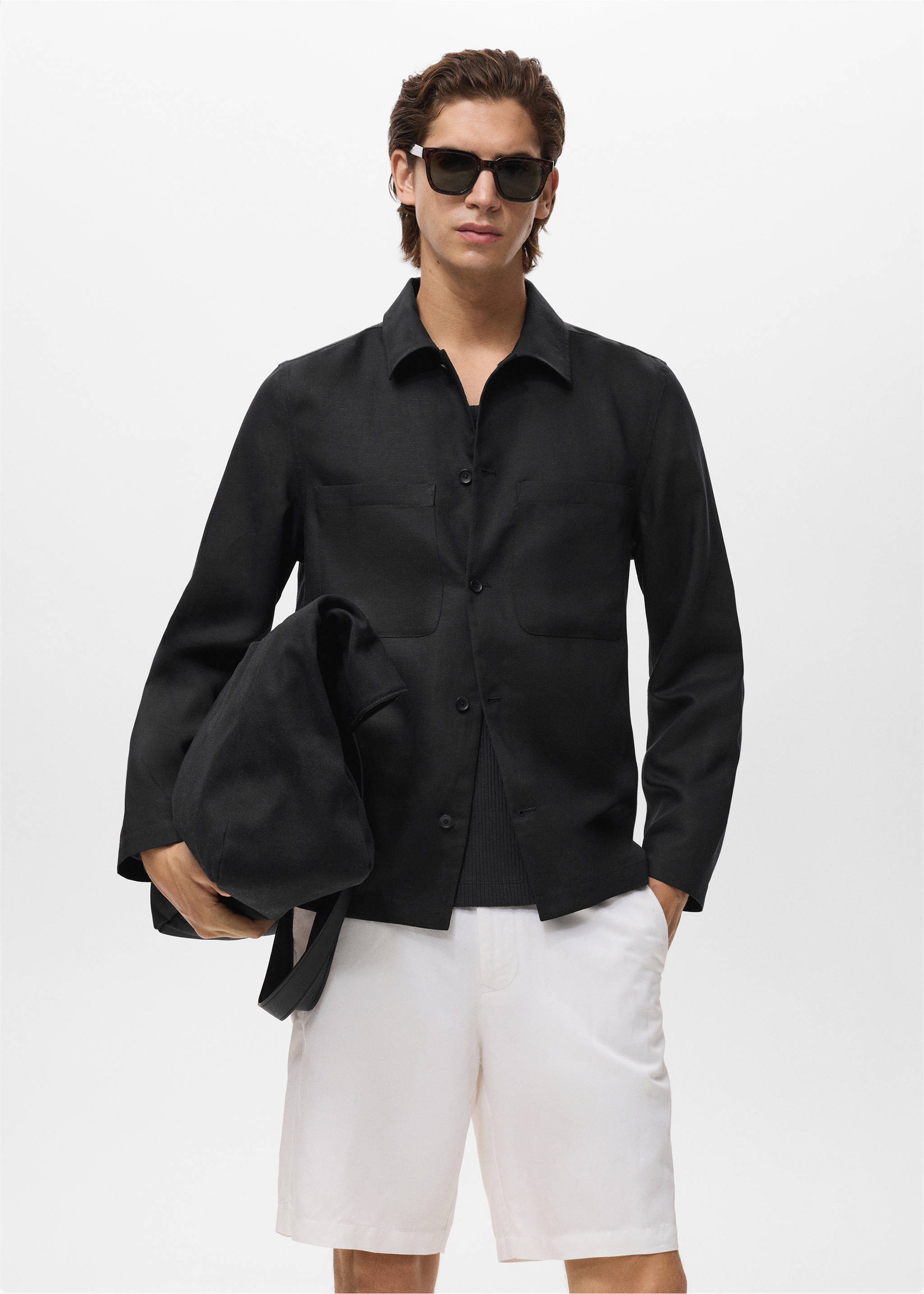 Veste en lin mélangé avec boutons - Plan moyen, Noir. Ref: 17022894-00.