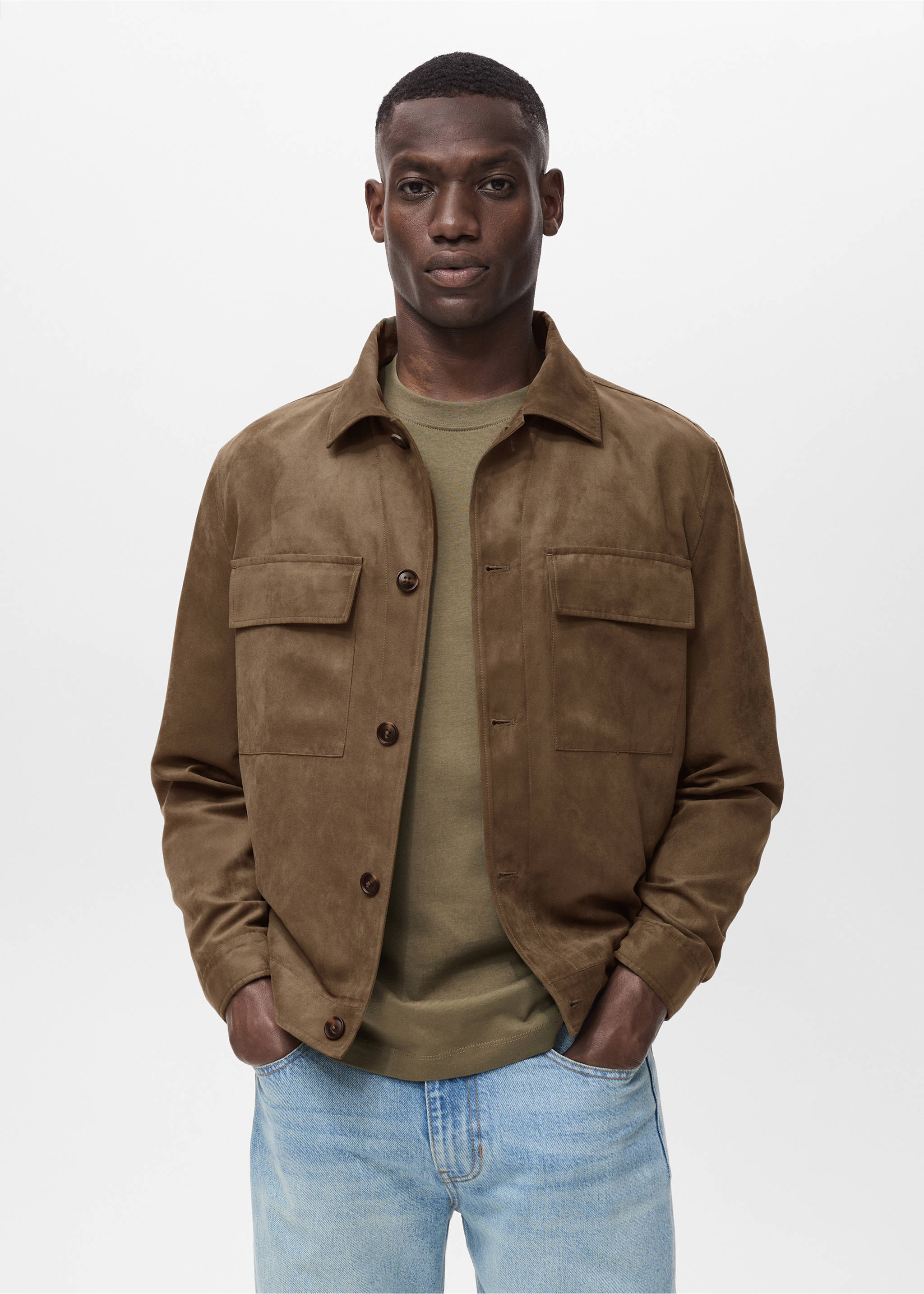 Suede faux-leather overshirt - Medium plane, Green. Ref: 17022896-00.