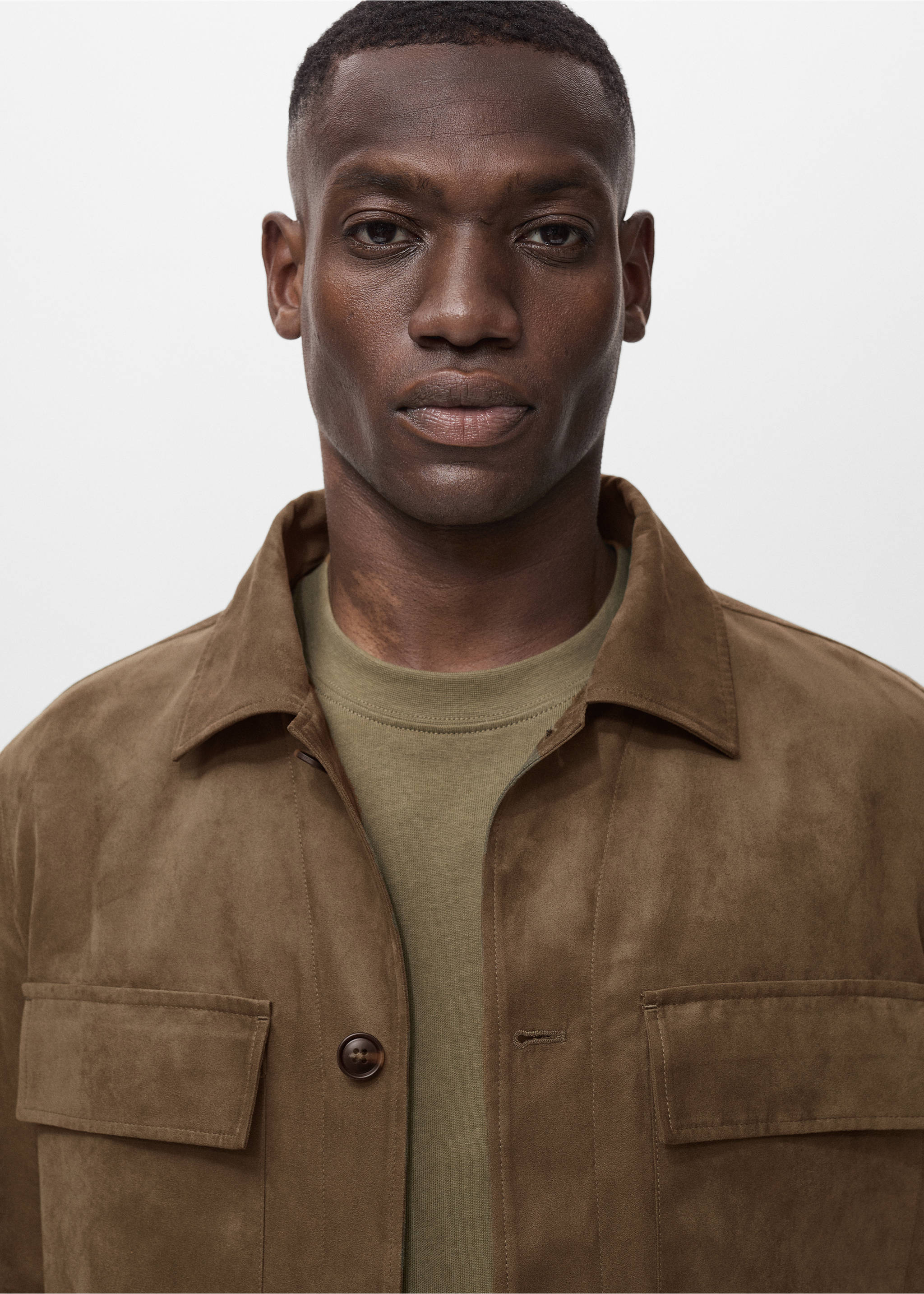 Suede faux-leather overshirt - Details of the article 1, Green. Ref: 17022896-00.